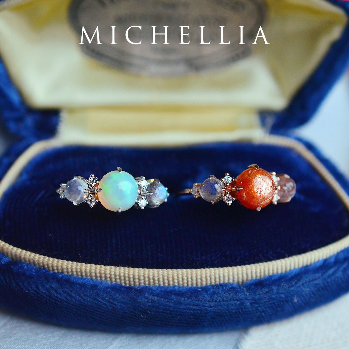 [Celestine] Interstellar Three Stone Ring in Australian Opal, Moonstone, and Labradorite