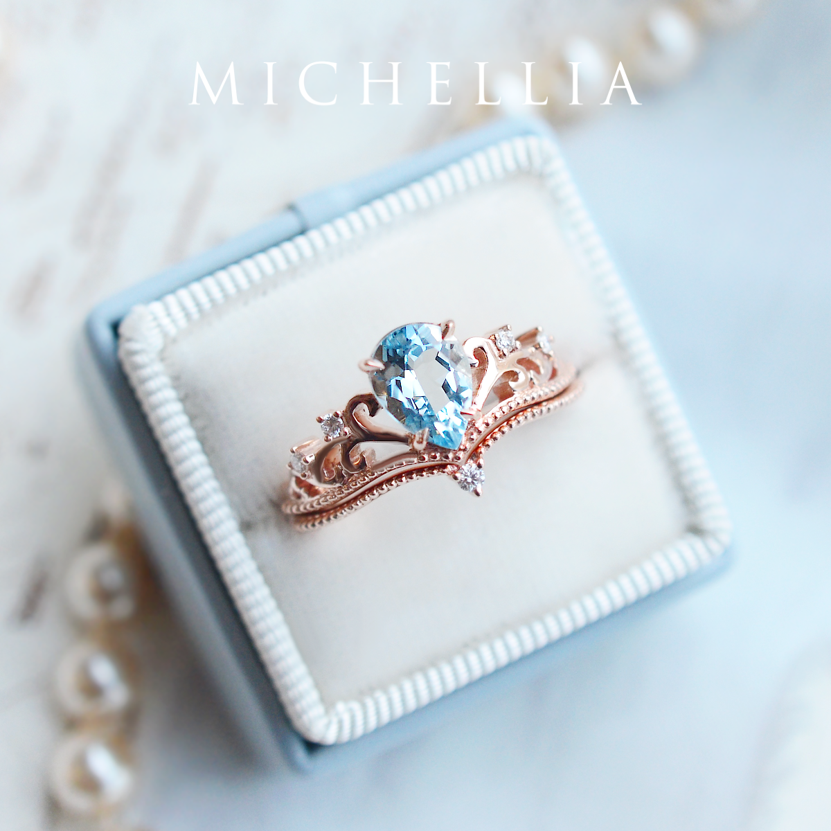[Veronica] Vintage Crown Pear Engagement Ring in Aquamarine