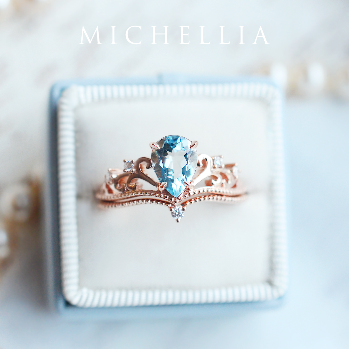 [Veronica] Vintage Crown Pear Engagement Ring in Aquamarine