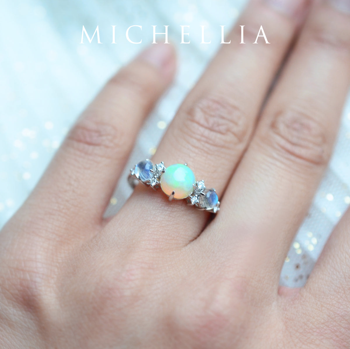 [Celestine] Interstellar Three Stone Ring in Australian Opal, Moonstone, and Labradorite