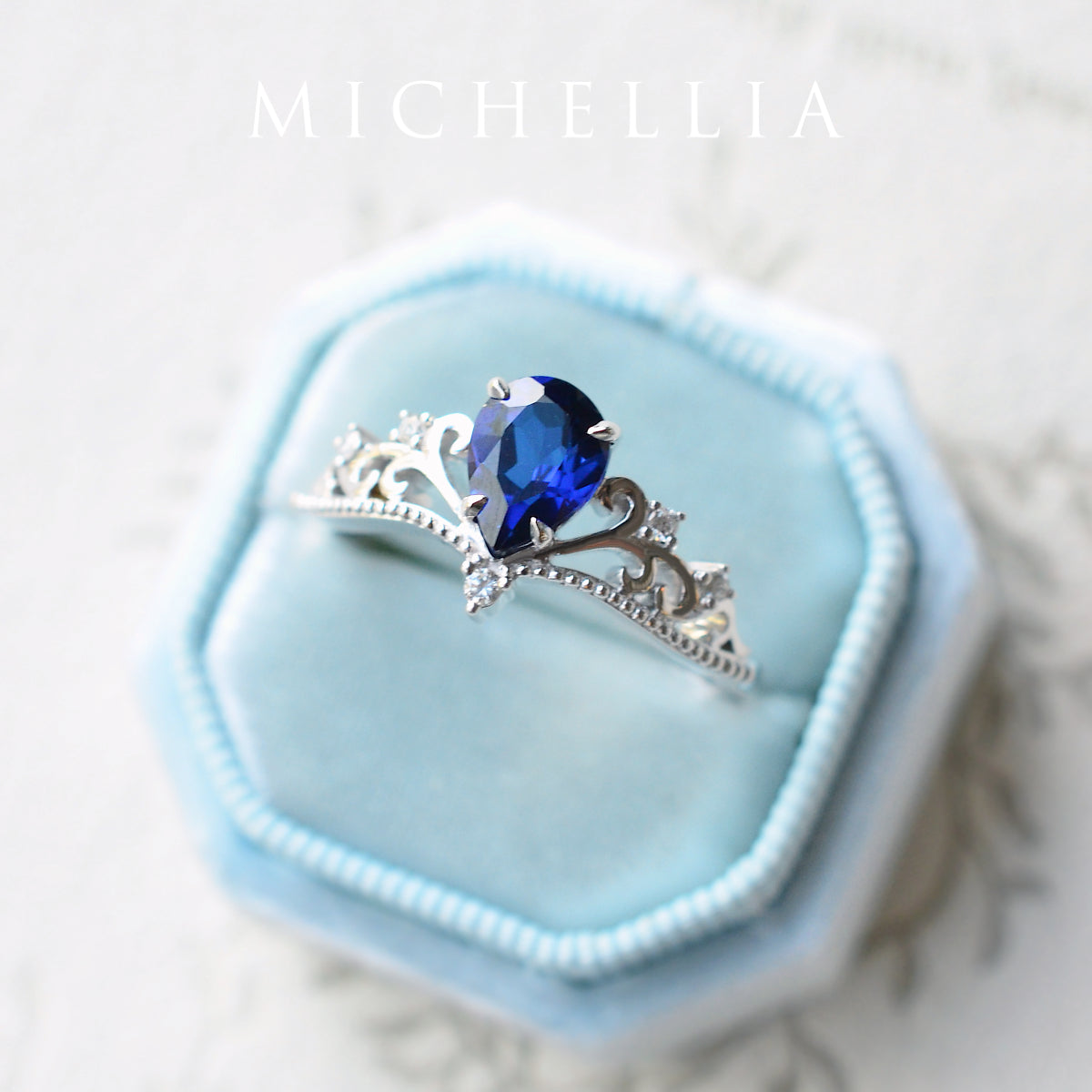 [Veronica] Vintage Crown Pear Cut Ring in Lab Blue Sapphire