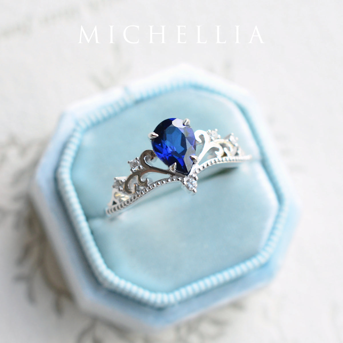 [Veronica] Vintage Crown Pear Cut Ring in Lab Blue Sapphire