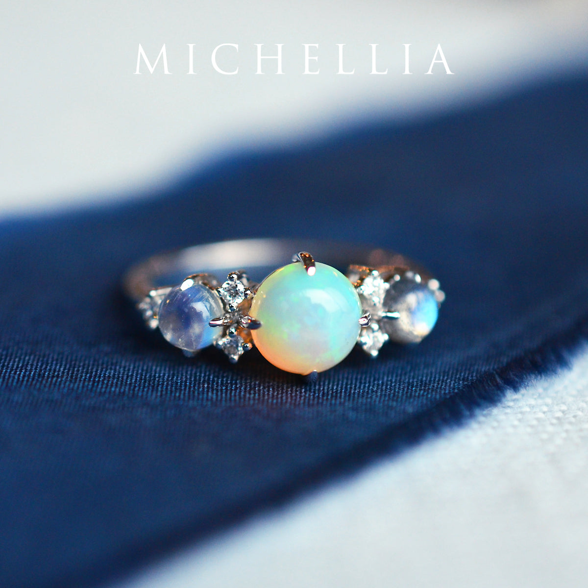 [Celestine] Interstellar Three Stone Ring in Australian Opal, Moonstone, and Labradorite