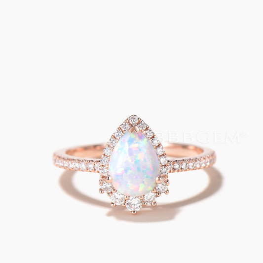 1.25CT Teardrop Cut White Opal Engagement Ring Diamond Halo Rose Gold Ring