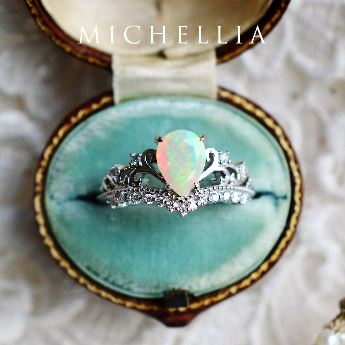 [Francesca] Heirloom Crown Pear Engagement Engagement Ring in Opal