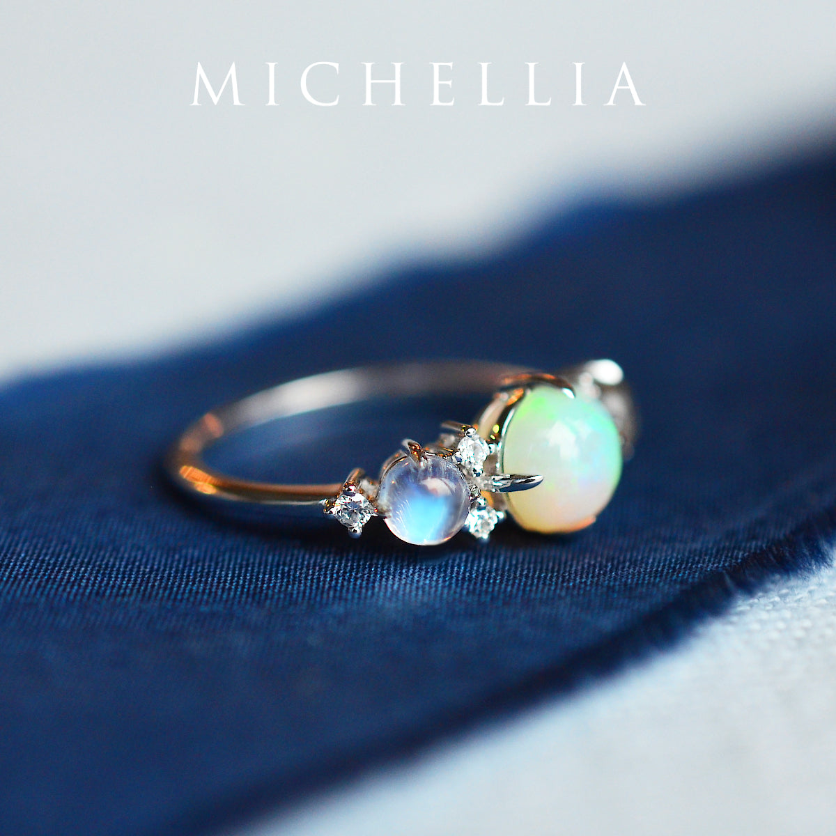 [Celestine] Interstellar Three Stone Ring in Australian Opal, Moonstone, and Labradorite