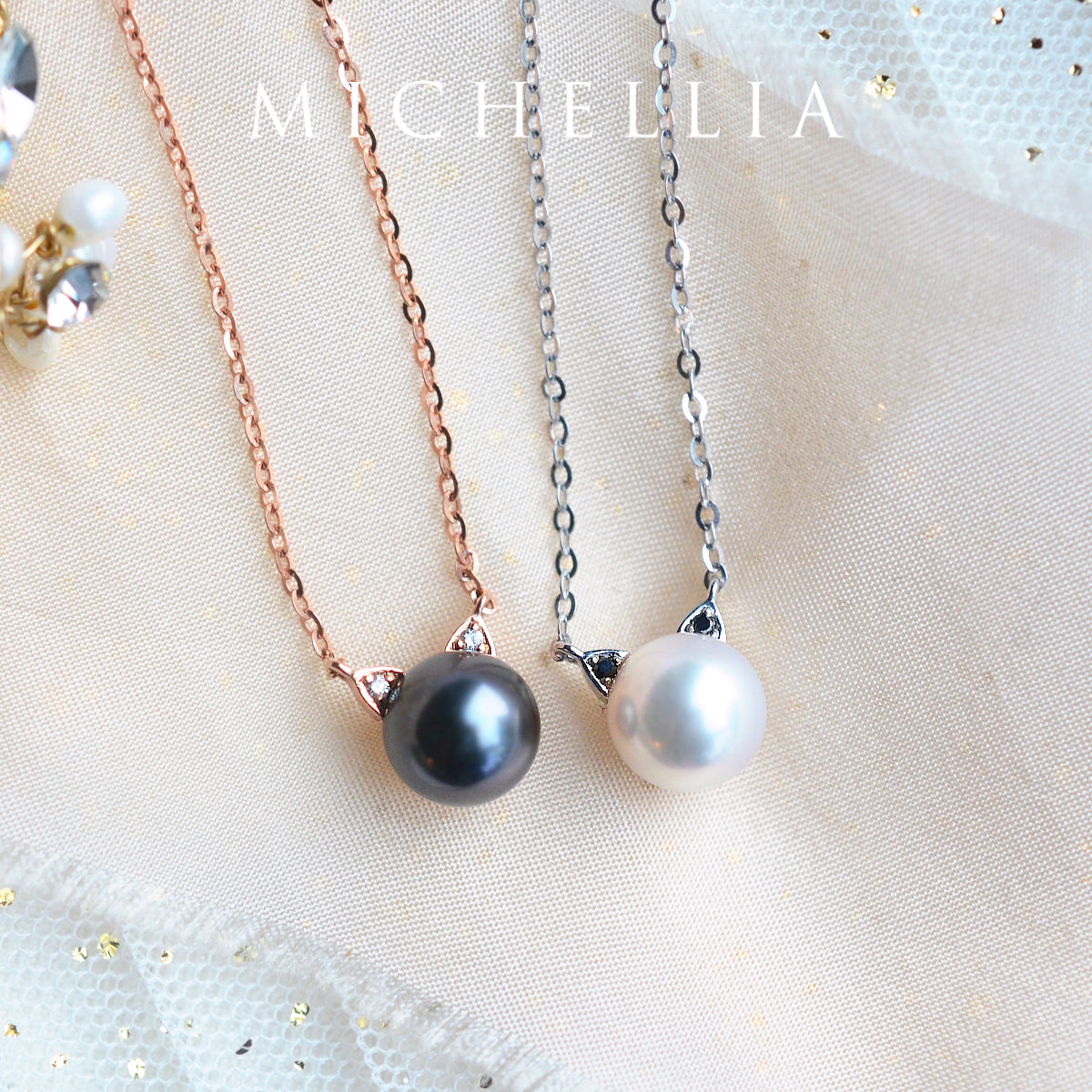 [Magic] Black Pearl and Diamond Cat Necklace