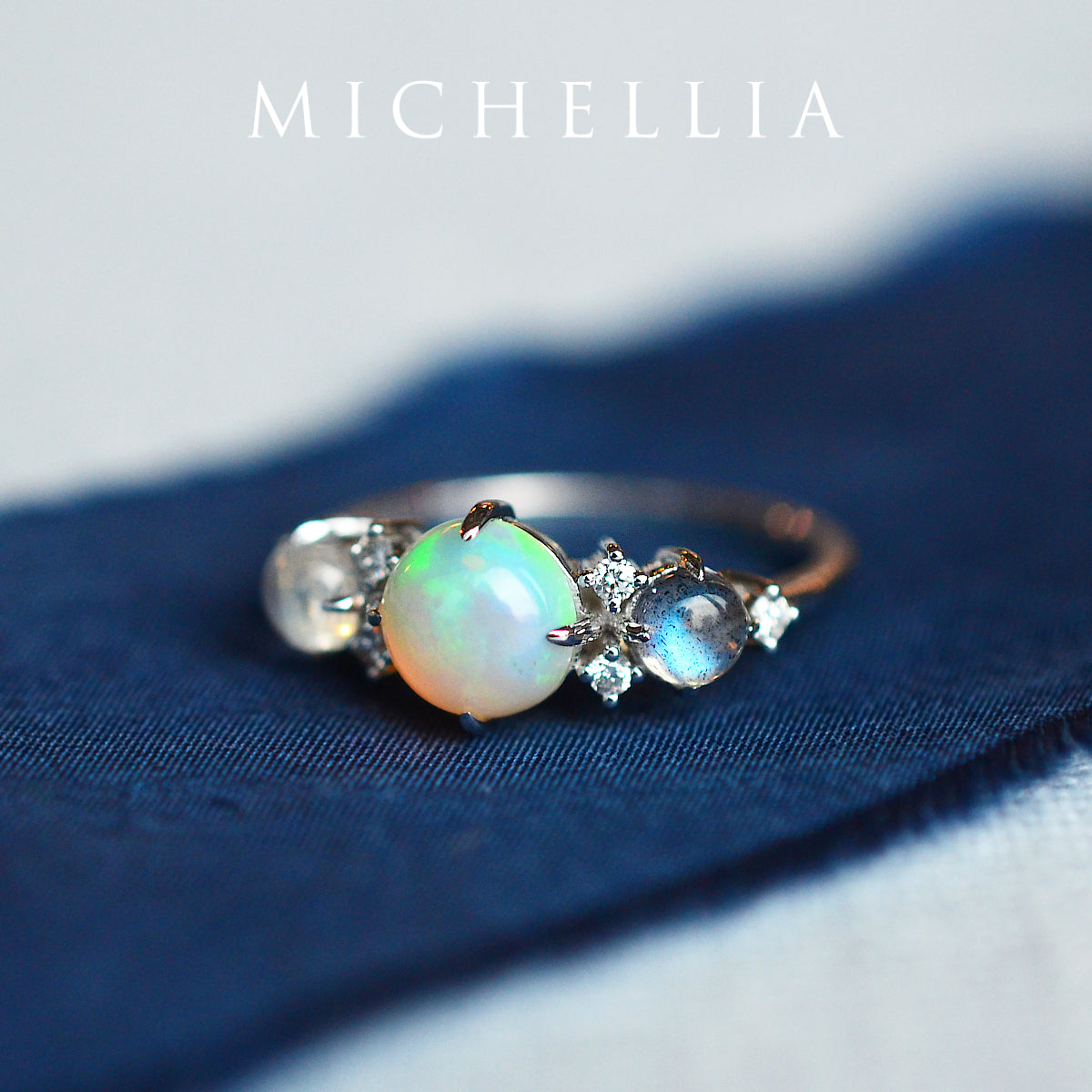 [Celestine] Interstellar Three Stone Ring in Australian Opal, Moonstone, and Labradorite