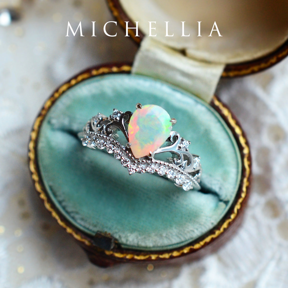 [Francesca] Heirloom Crown Pear Engagement Engagement Ring in Opal