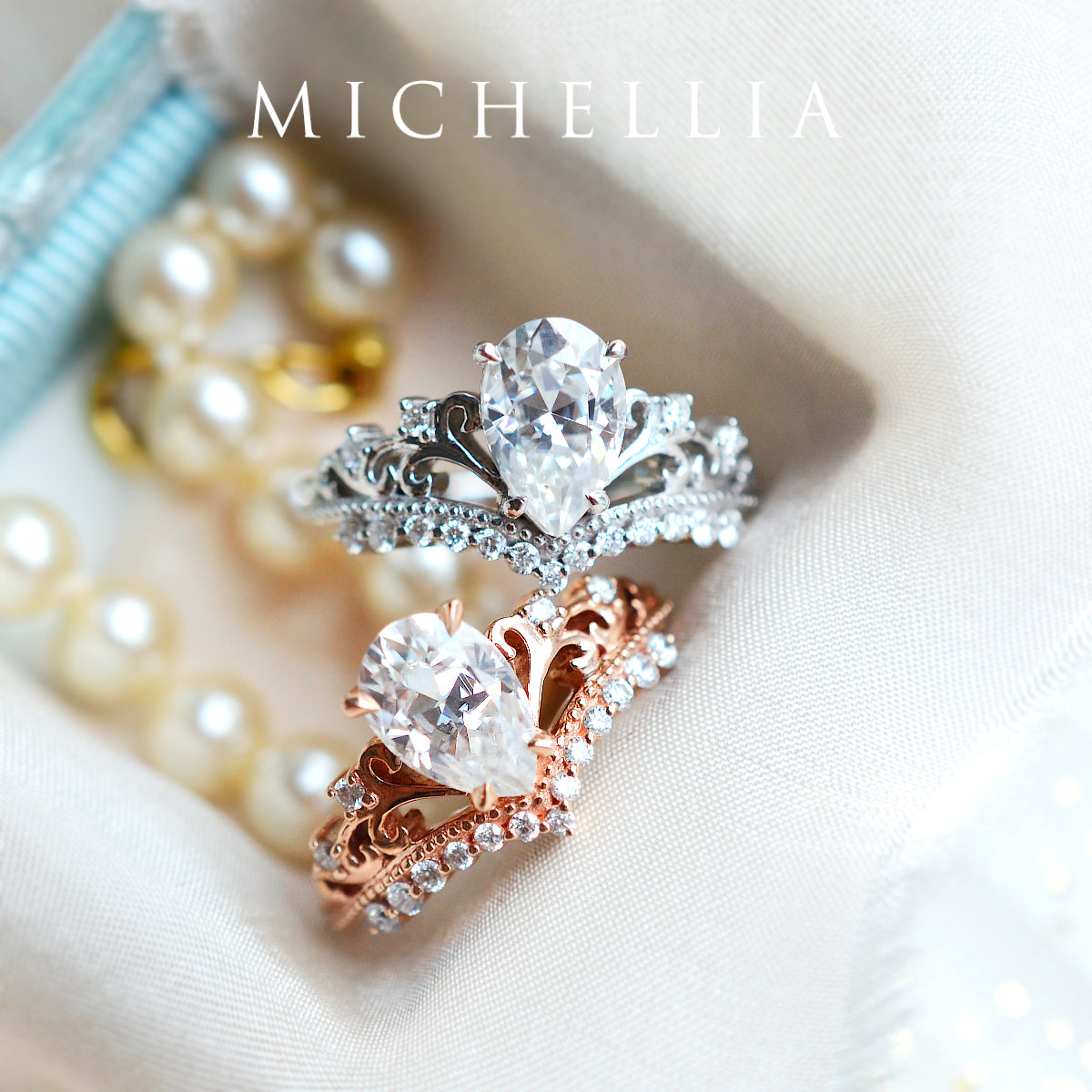[Francesca] Heirloom Crown Pear Engagement Ring in Aquamarine