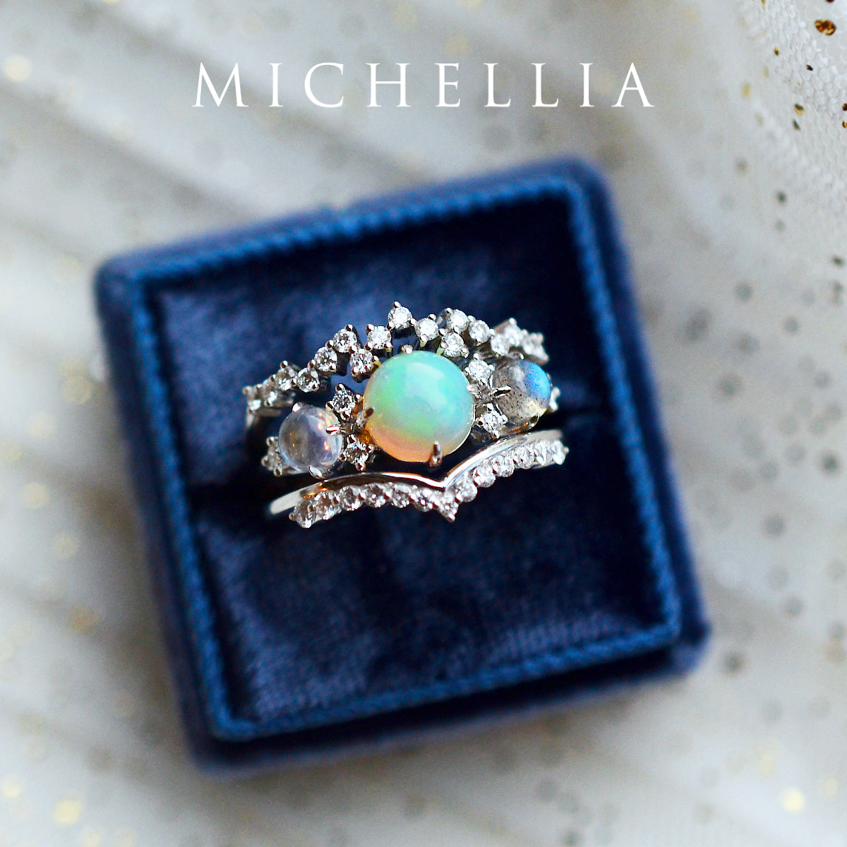 [Celestine] Interstellar Three Stone Ring in Australian Opal, Moonstone, and Labradorite