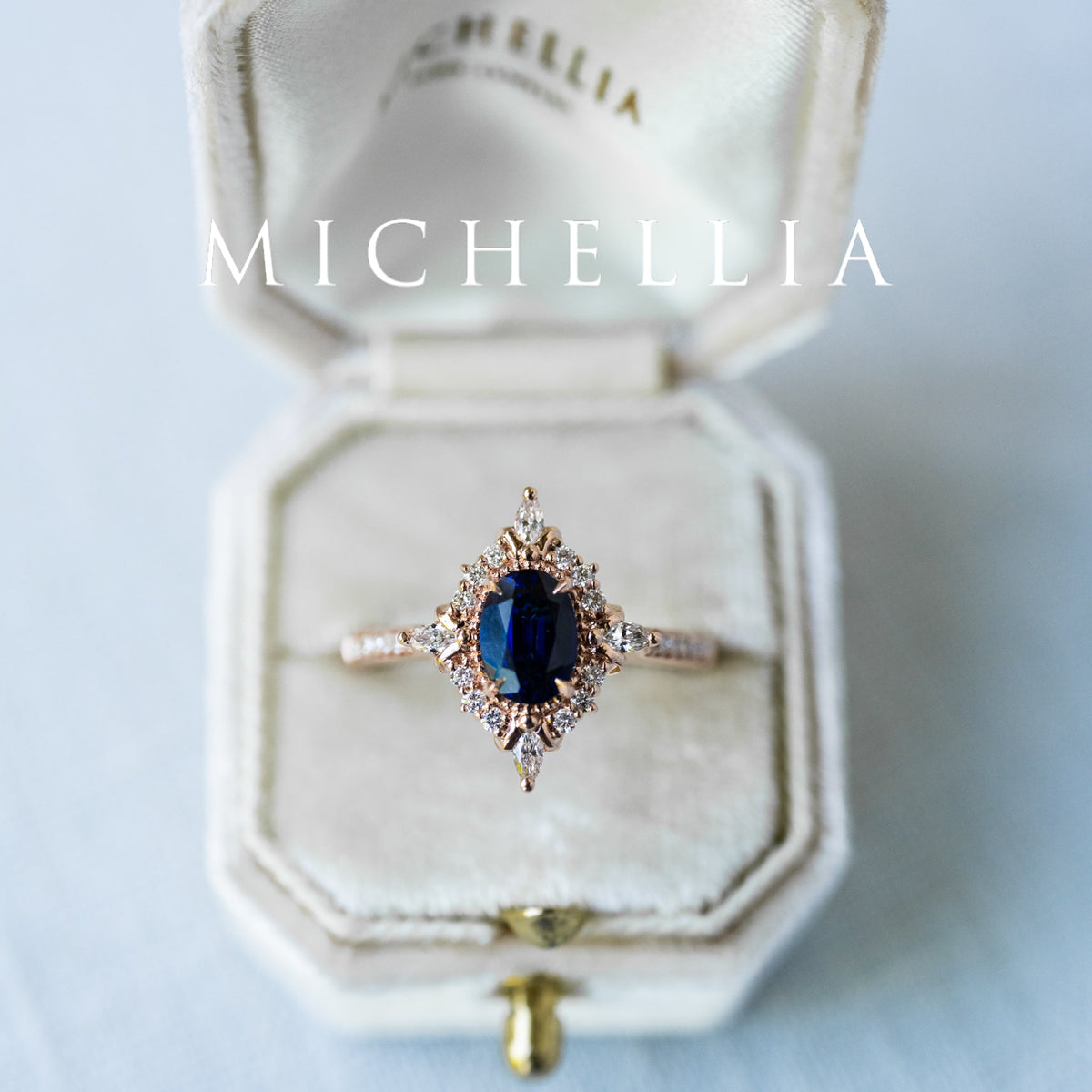 [Alessandra] Art Deco Oval Engagement Ring in Blue Sapphire