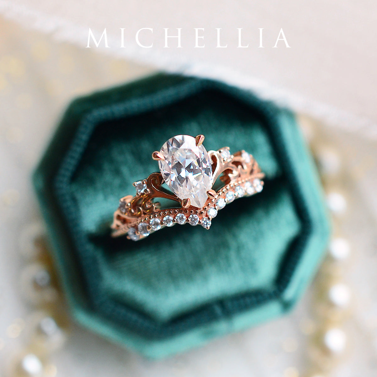 [Francesca] Heirloom Crown Pear Engagement Ring in Emerald