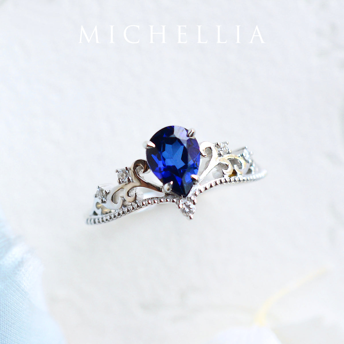 [Veronica] Vintage Crown Pear Cut Ring in Lab Blue Sapphire