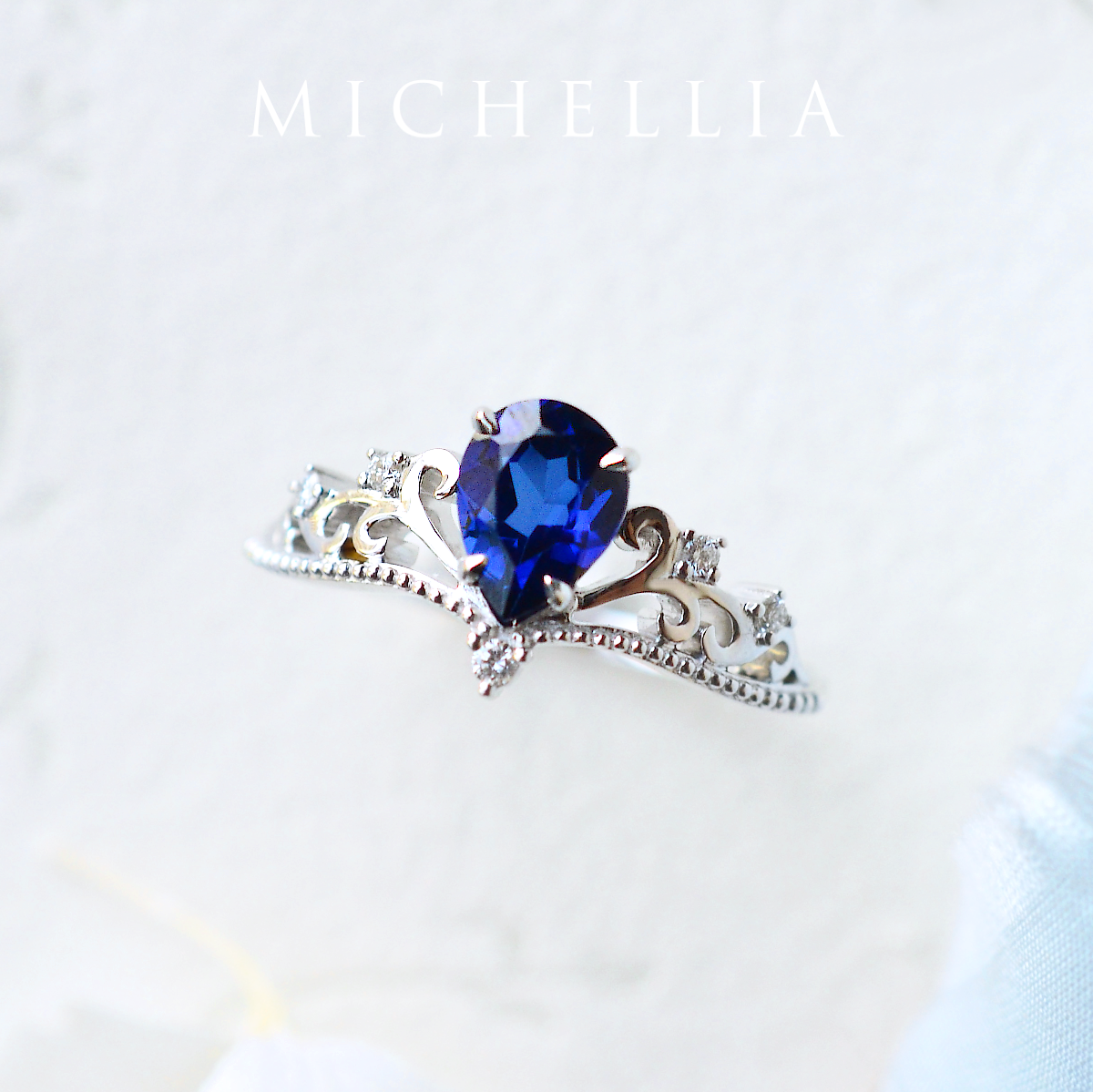 [Veronica] Vintage Crown Pear Cut Ring in Lab Blue Sapphire