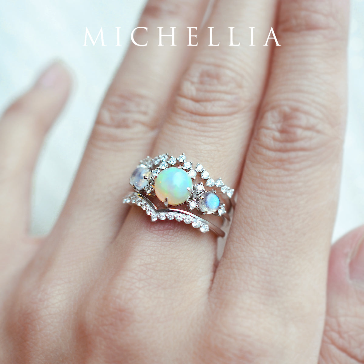 [Celestine] Interstellar Three Stone Ring in Sunstone, Moonstone, and Labradorite