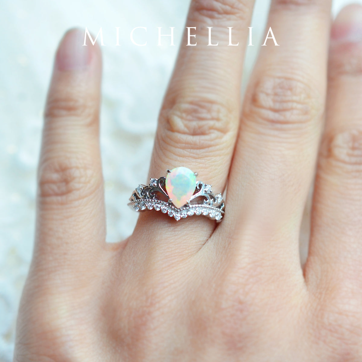 [Francesca] Heirloom Crown Pear Engagement Engagement Ring in Opal
