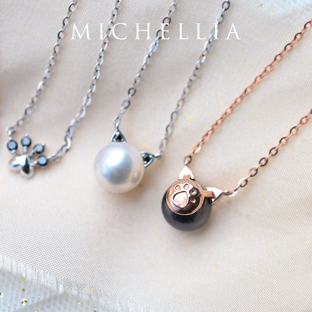 [Snow] White Pearl and Diamond Cat Necklace