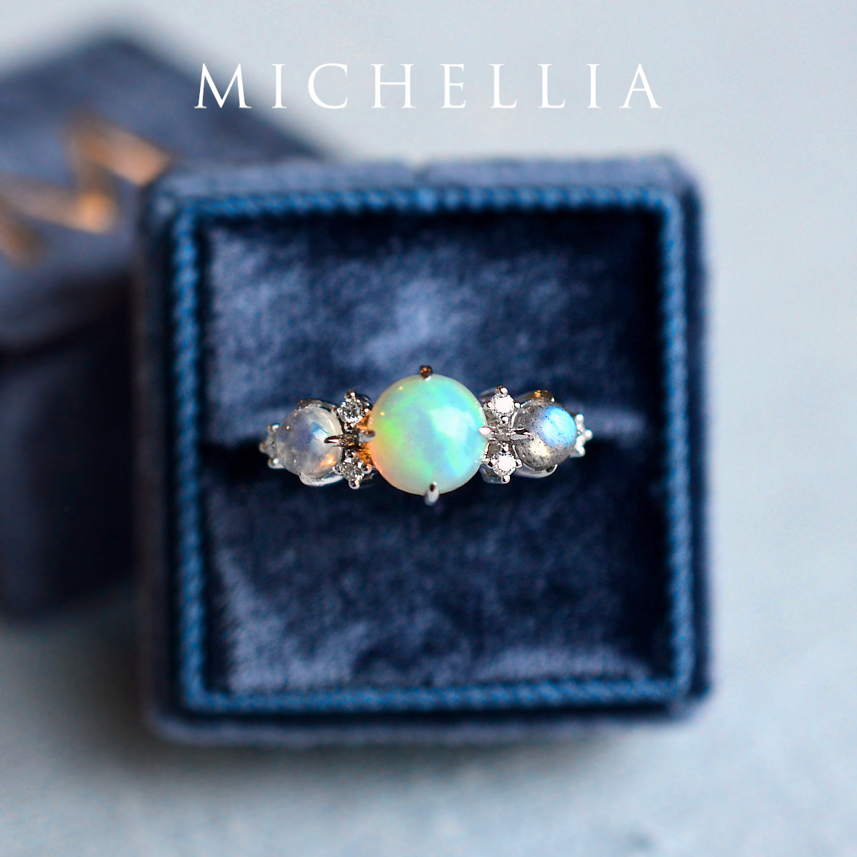 [Celestine] Interstellar Three Stone Ring in Australian Opal, Moonstone, and Labradorite