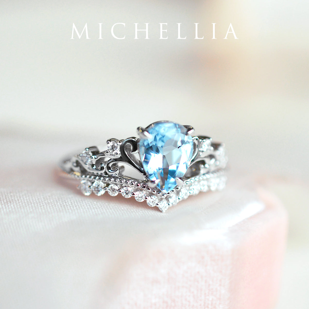 [Francesca] Heirloom Crown Pear Engagement Ring in Aquamarine