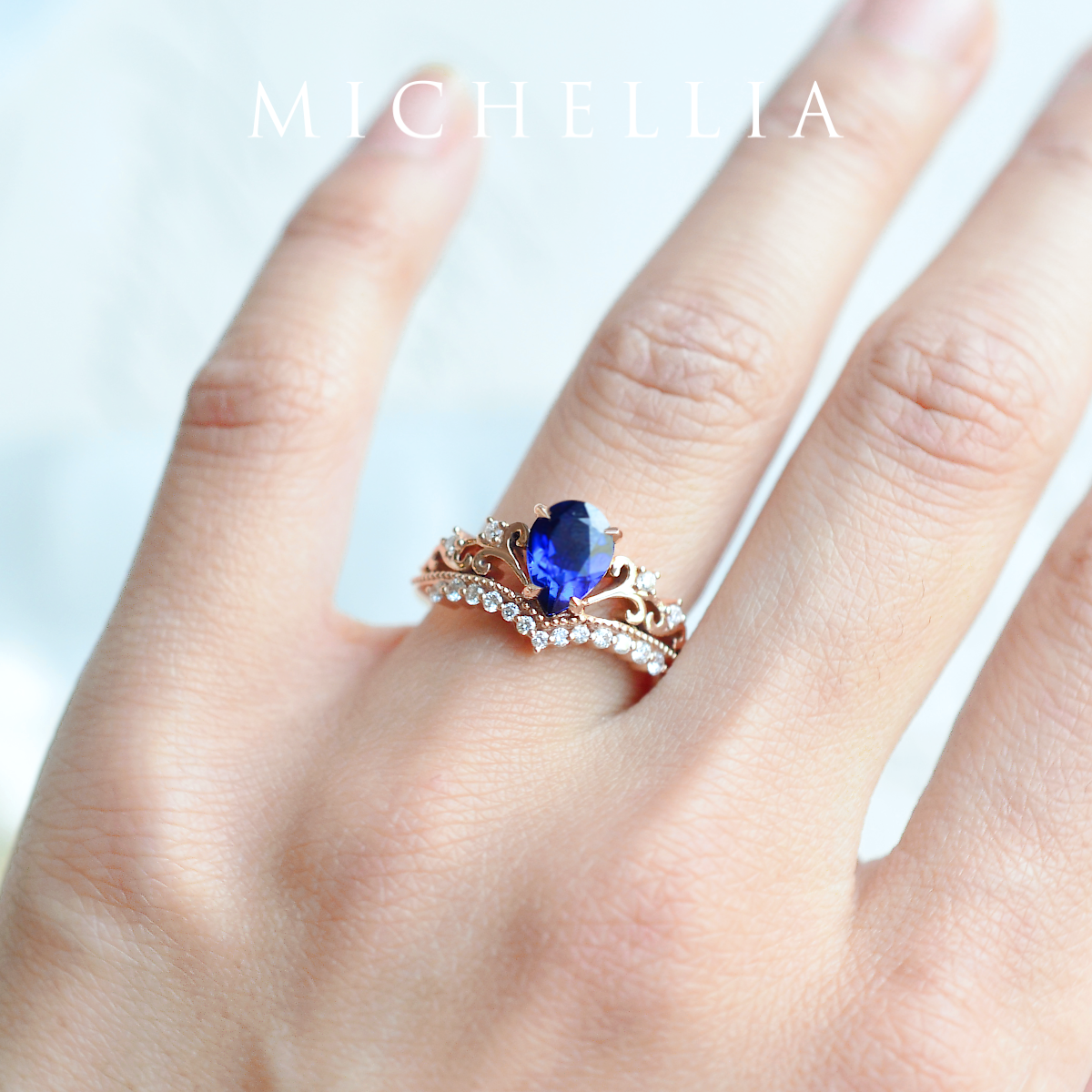 [Francesca] Heirloom Crown Pear Engagement Ring in Blue Sapphire