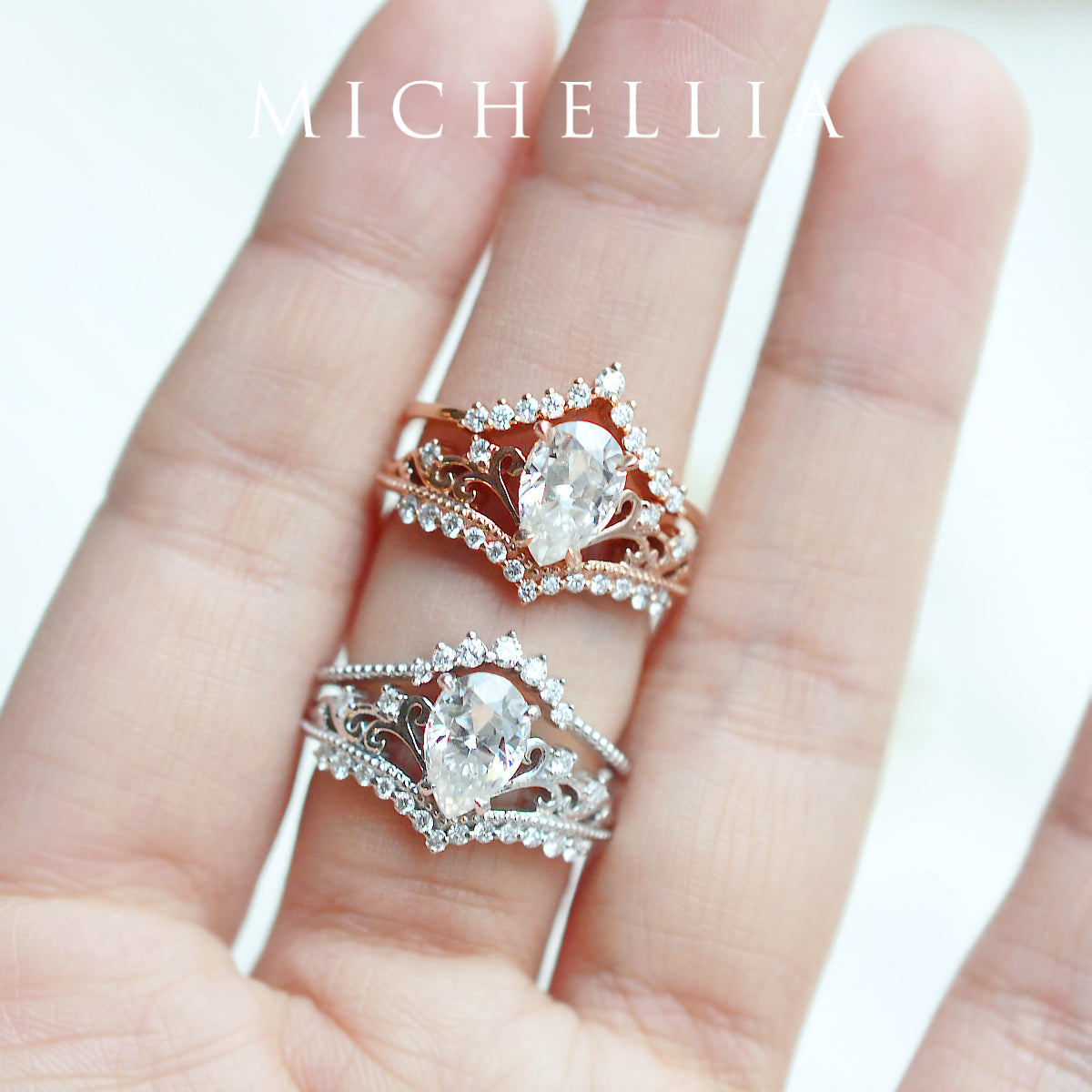[Francesca] Heirloom Crown Pear Cut Engagement Ring in Diamond / Moissanite