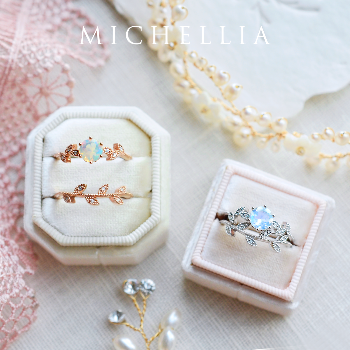 [Dahlia] Petite Floral Engagement Ring in Diamond / Moissanite