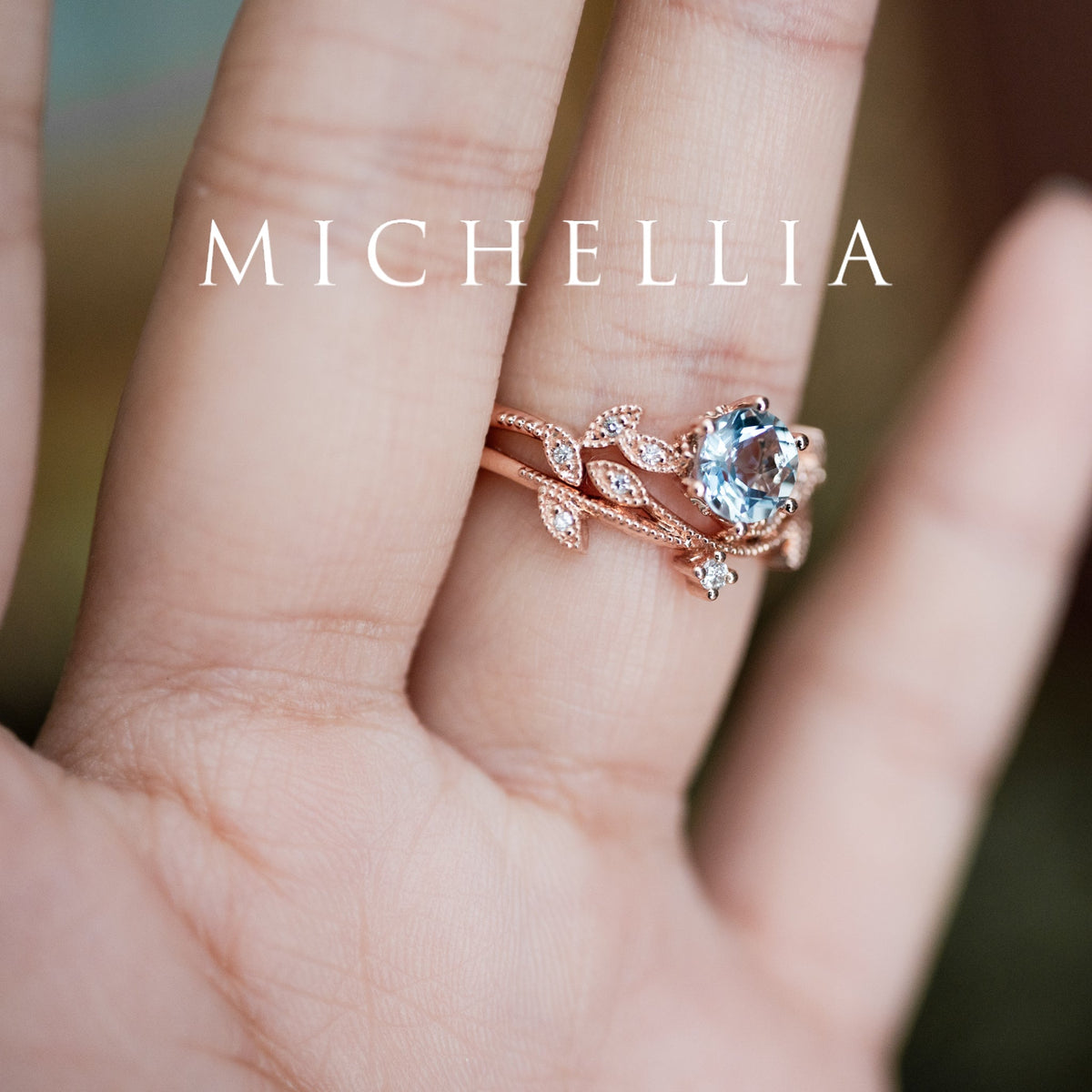 [Dahlia] Petite Floral Engagement Ring in Aquamarine