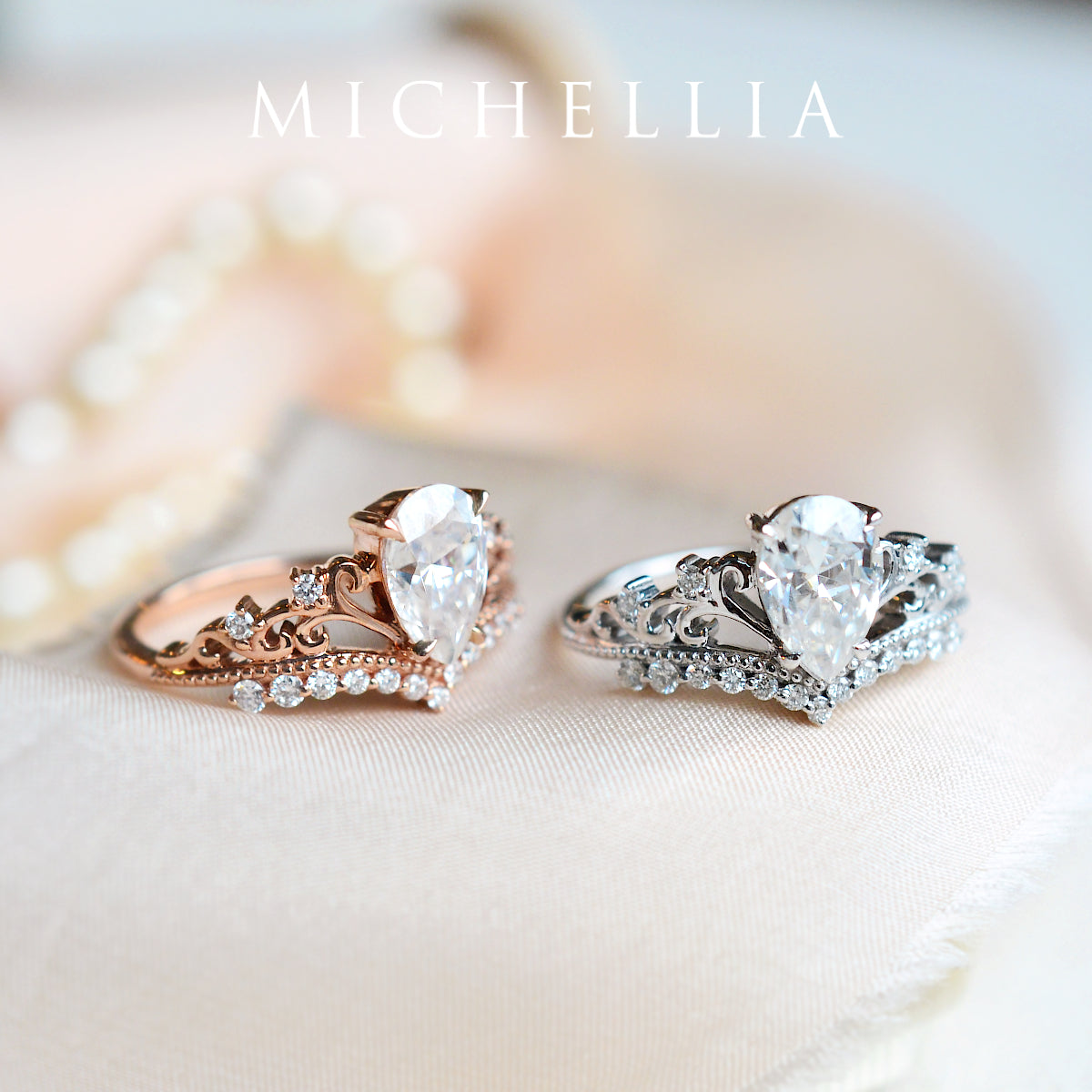 [Francesca] Heirloom Crown Pear Cut Engagement Ring in Diamond / Moissanite