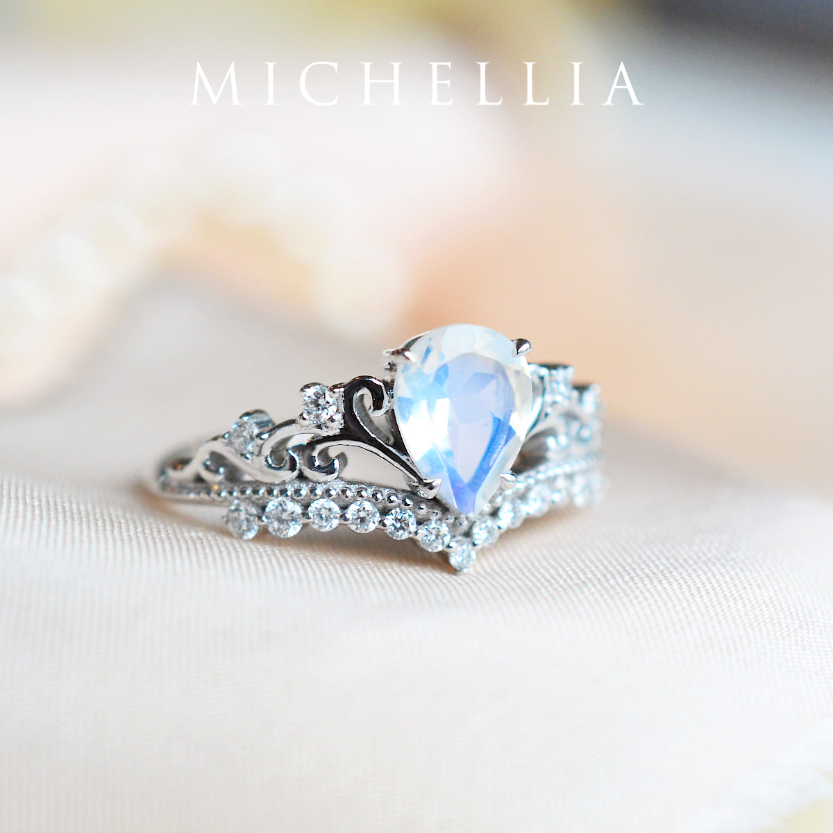 [Francesca] Heirloom Crown Pear Engagement Ring in Moonstone