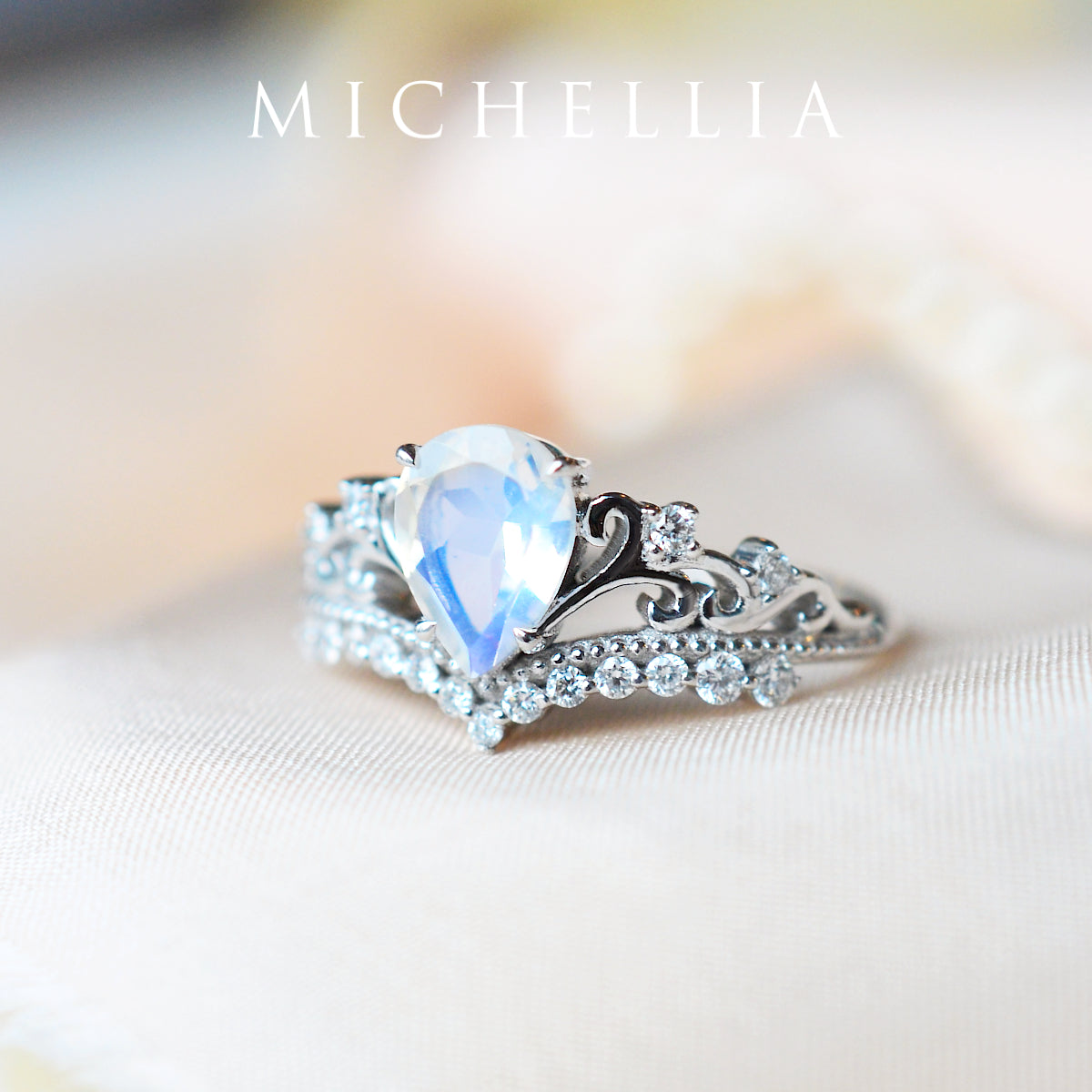 [Francesca] Heirloom Crown Pear Engagement Ring in Moonstone