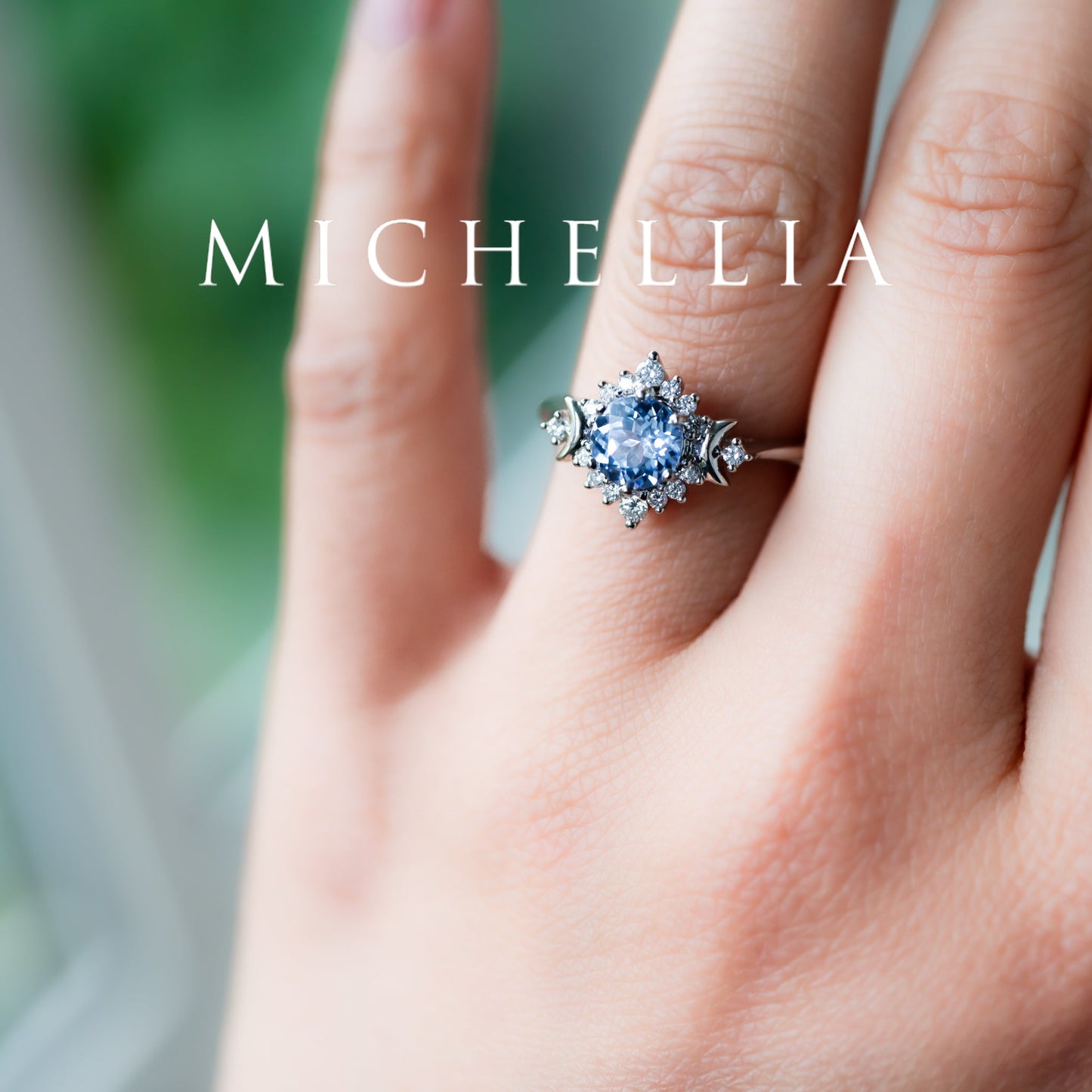 [Selene] Moon Goddess Engagement Ring in Blue Sapphire