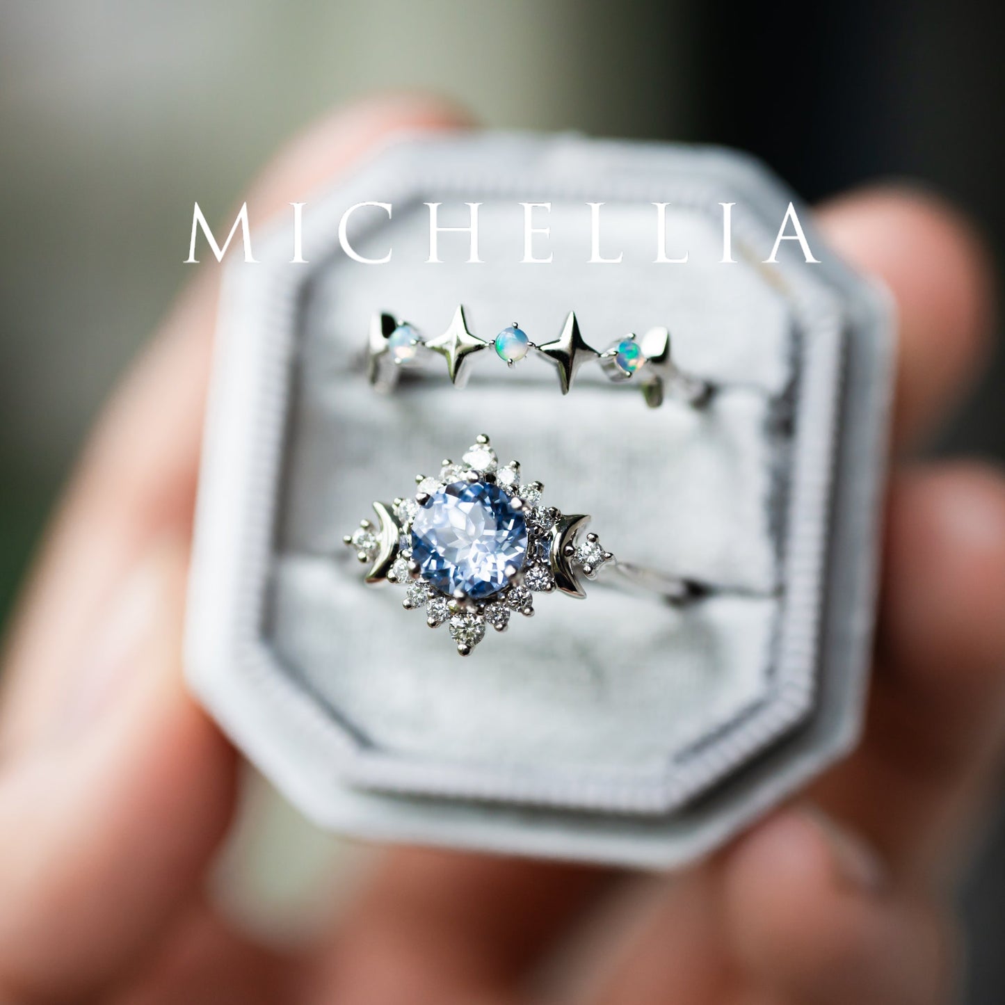 [Selene] Moon Goddess Engagement Ring in Blue Sapphire