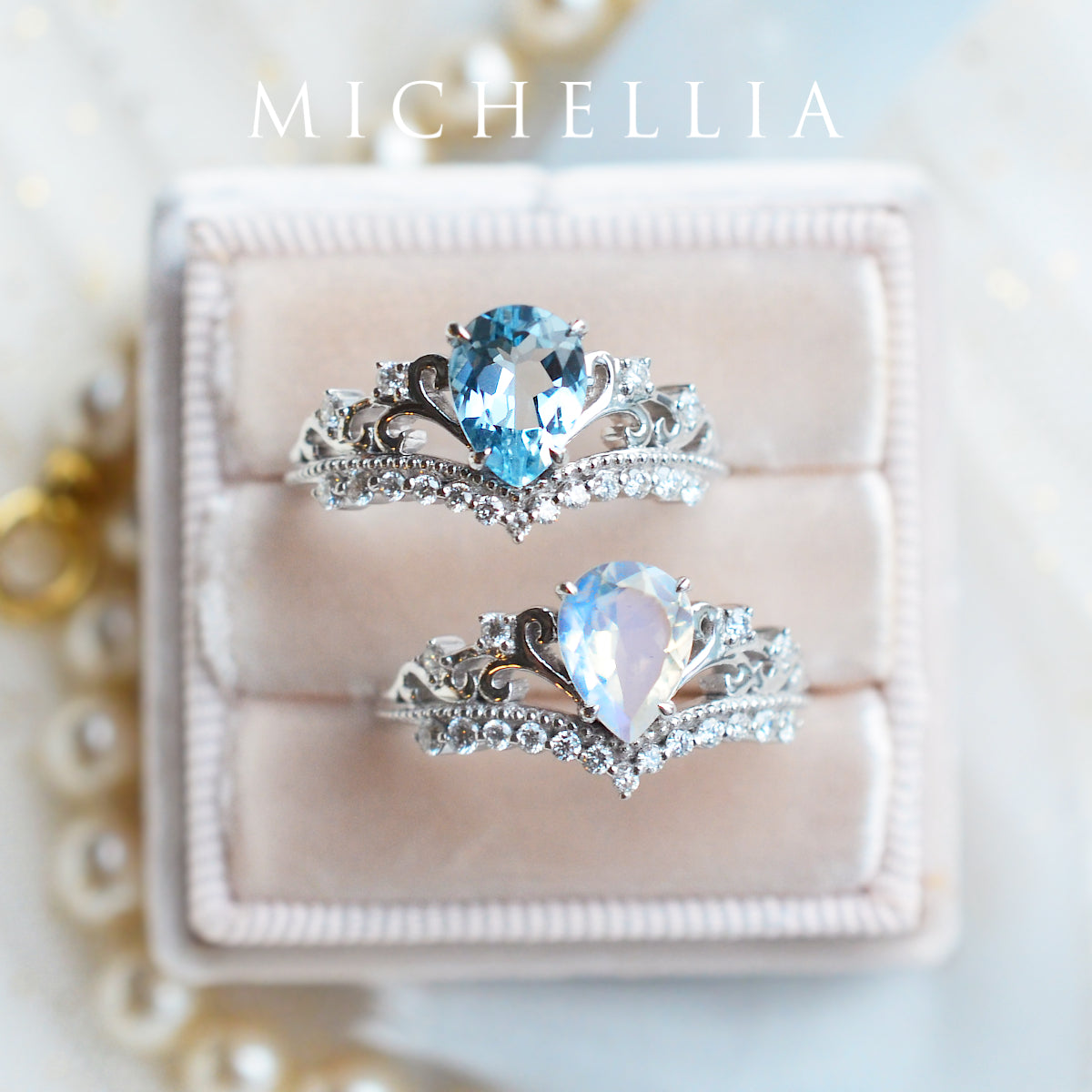 [Francesca] Heirloom Crown Pear Engagement Ring in Moonstone