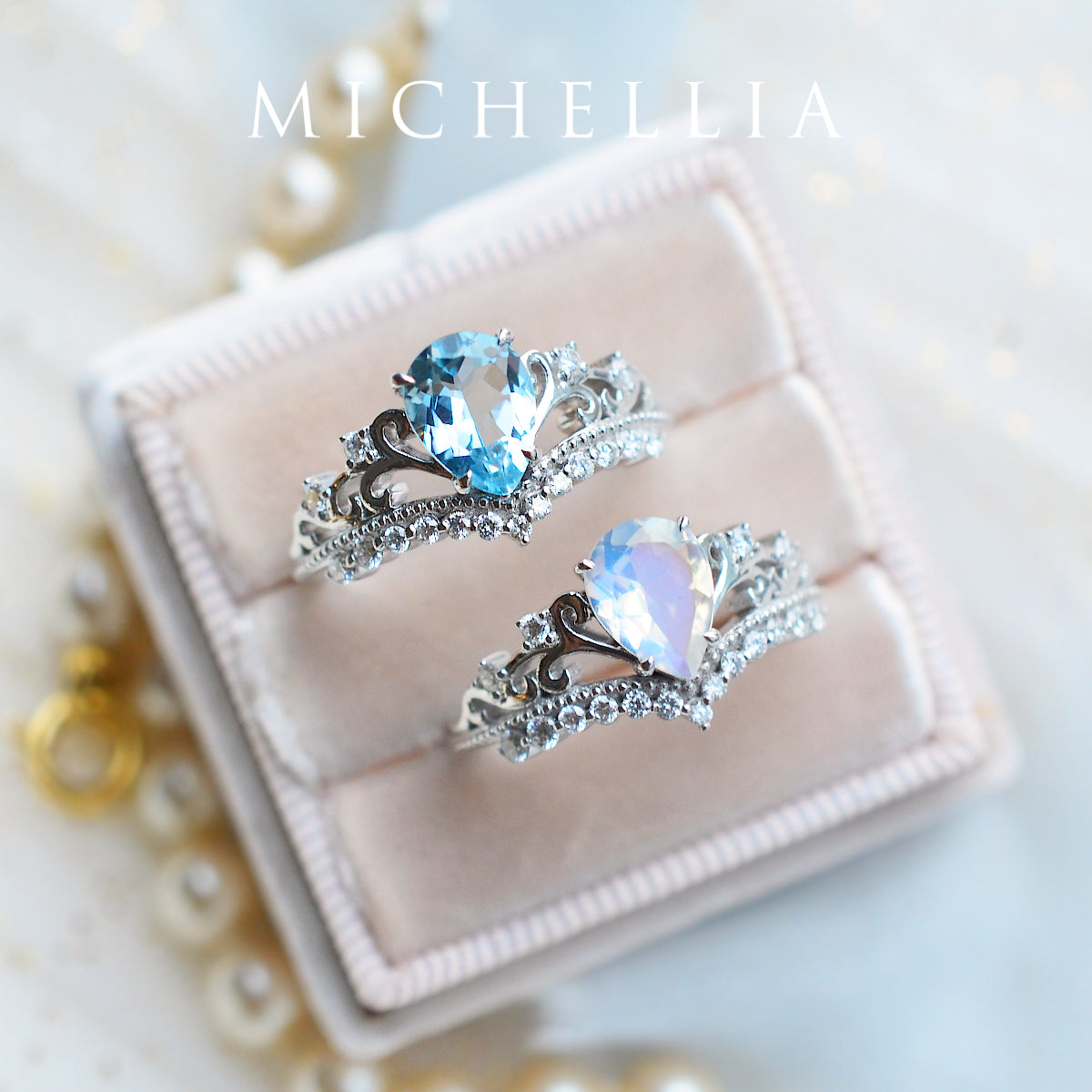 [Francesca] Heirloom Crown Pear Engagement Ring in Moonstone