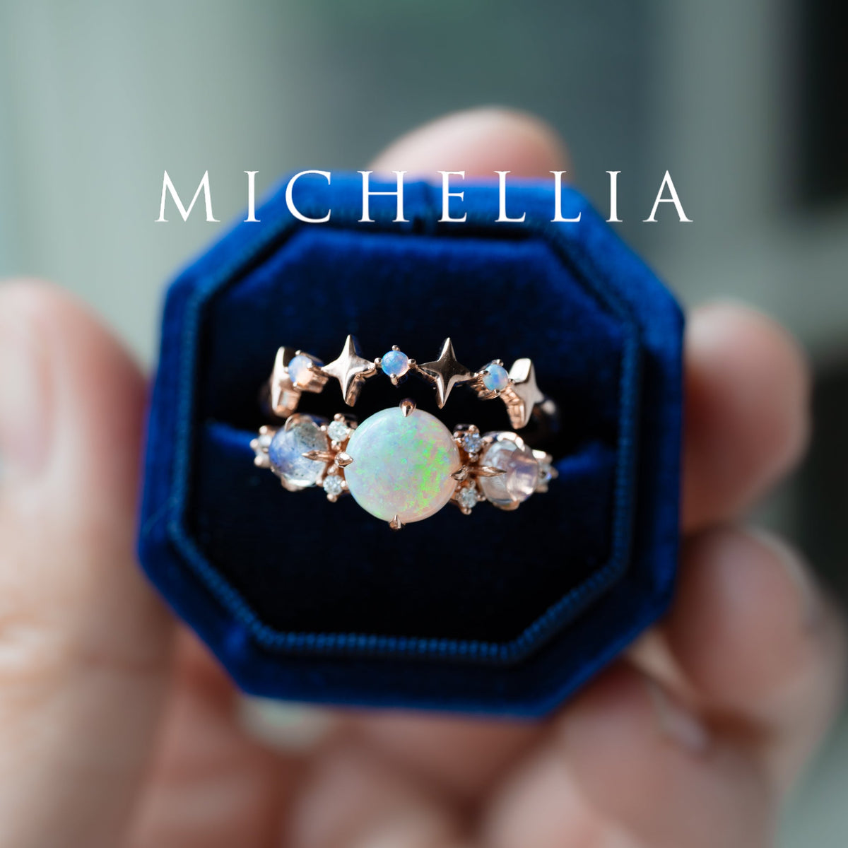 [Celestine] Interstellar Three Stone Ring in Australian Opal, Moonstone, and Labradorite