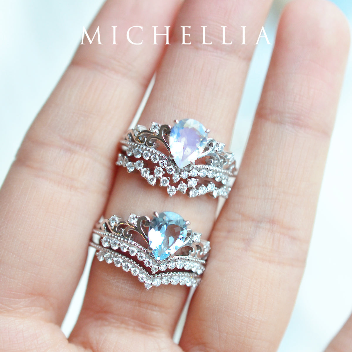 [Francesca] Heirloom Crown Pear Engagement Ring in Moonstone