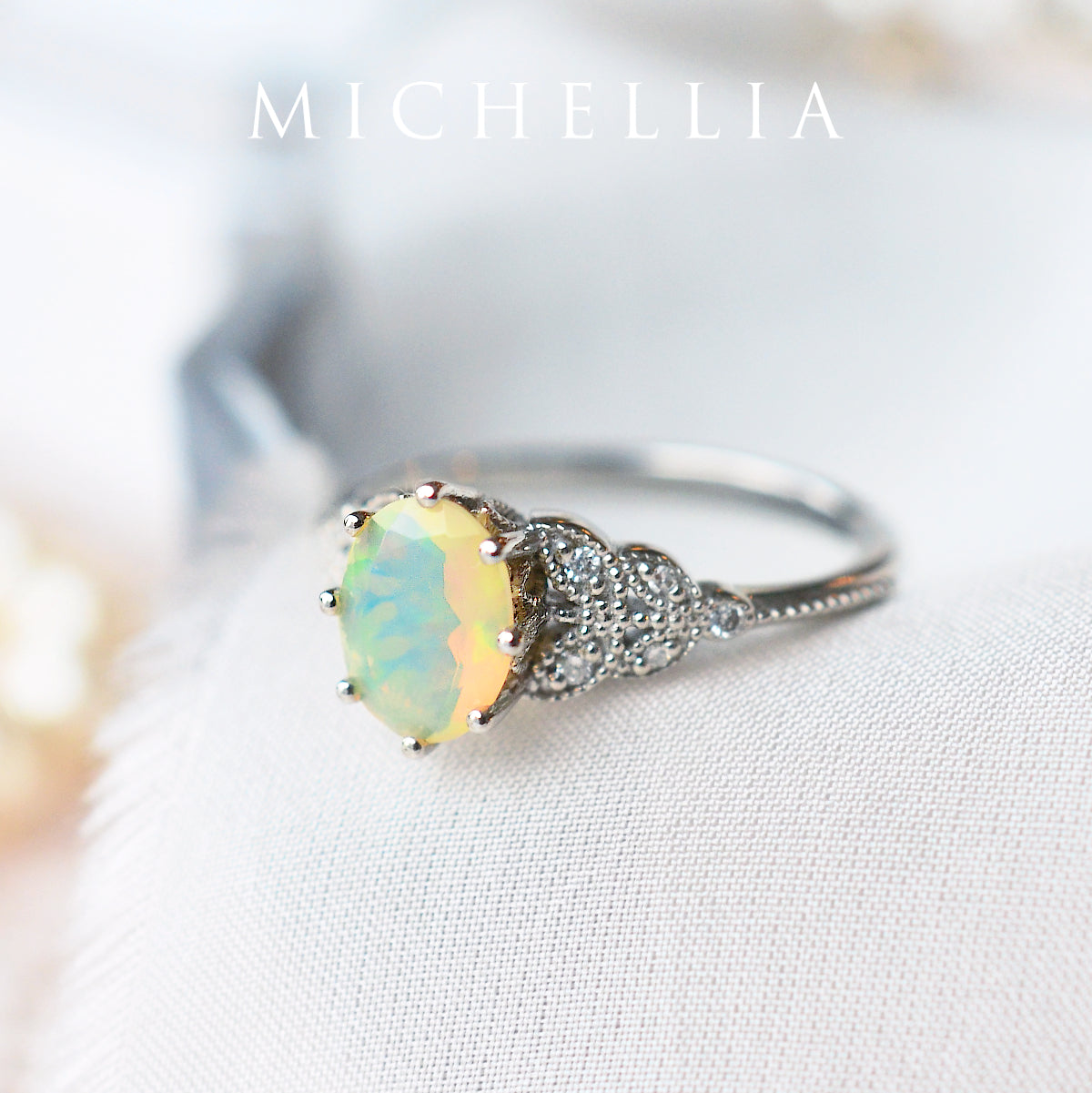 [Olivia] Classic Floral Oval Engagement Ring in Natural Australian Opal