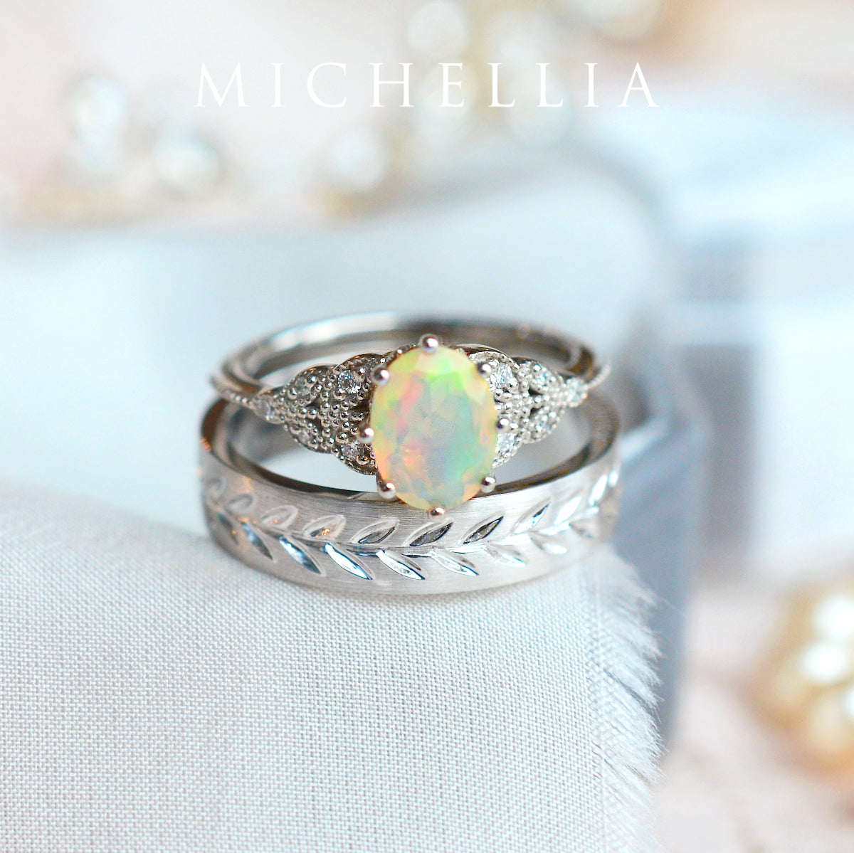 [Olivia] Classic Floral Oval Engagement Ring in Natural Australian Opal