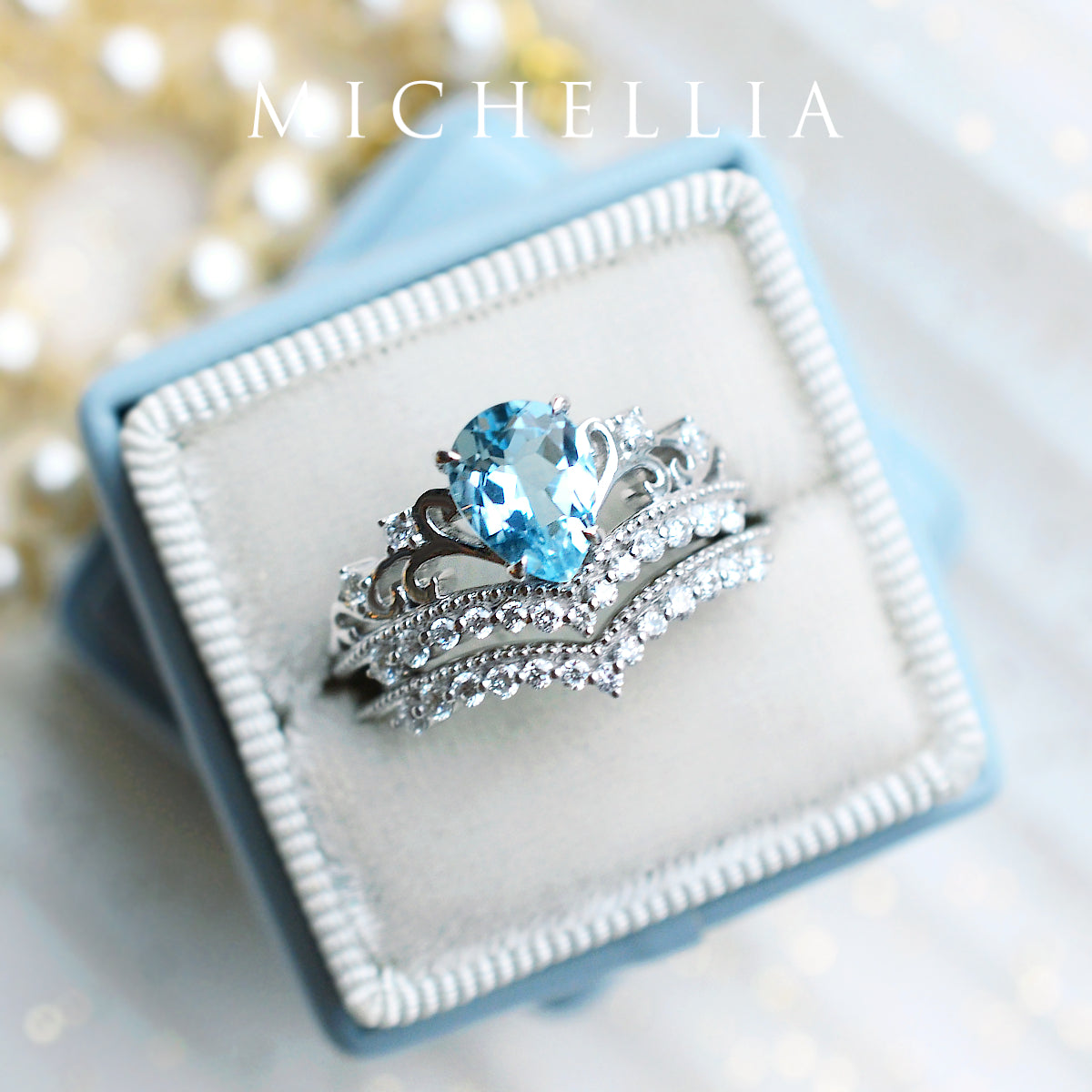 [Francesca] Heirloom Crown Pear Engagement Ring in Aquamarine