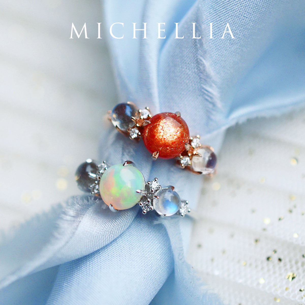 [Celestine] Interstellar Three Stone Ring in Australian Opal, Moonstone, and Labradorite