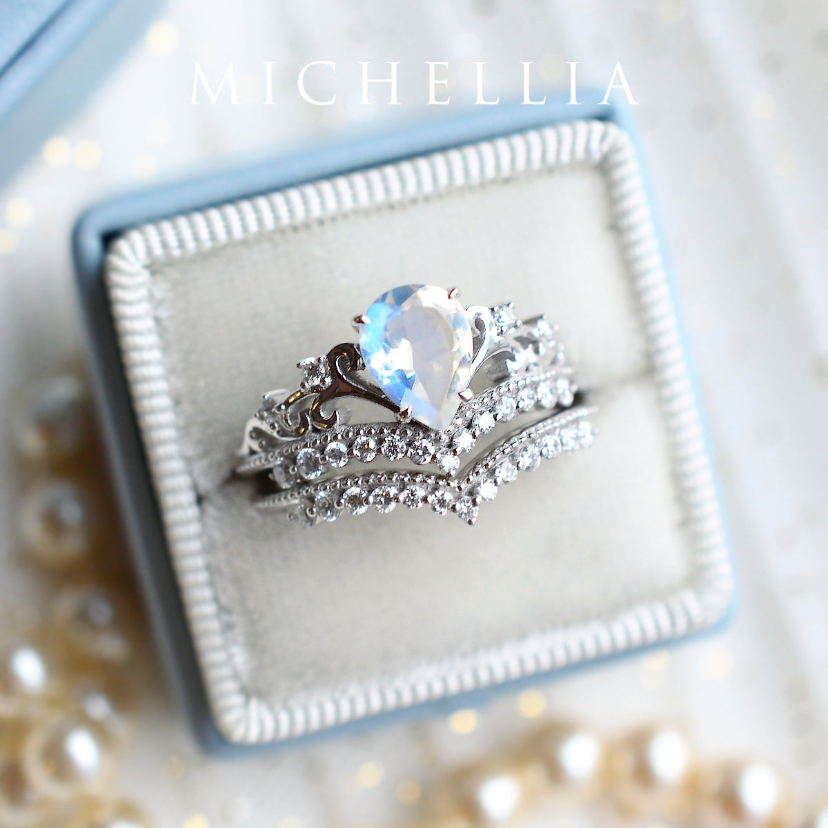 [Francesca] Heirloom Crown Pear Engagement Ring in Moonstone