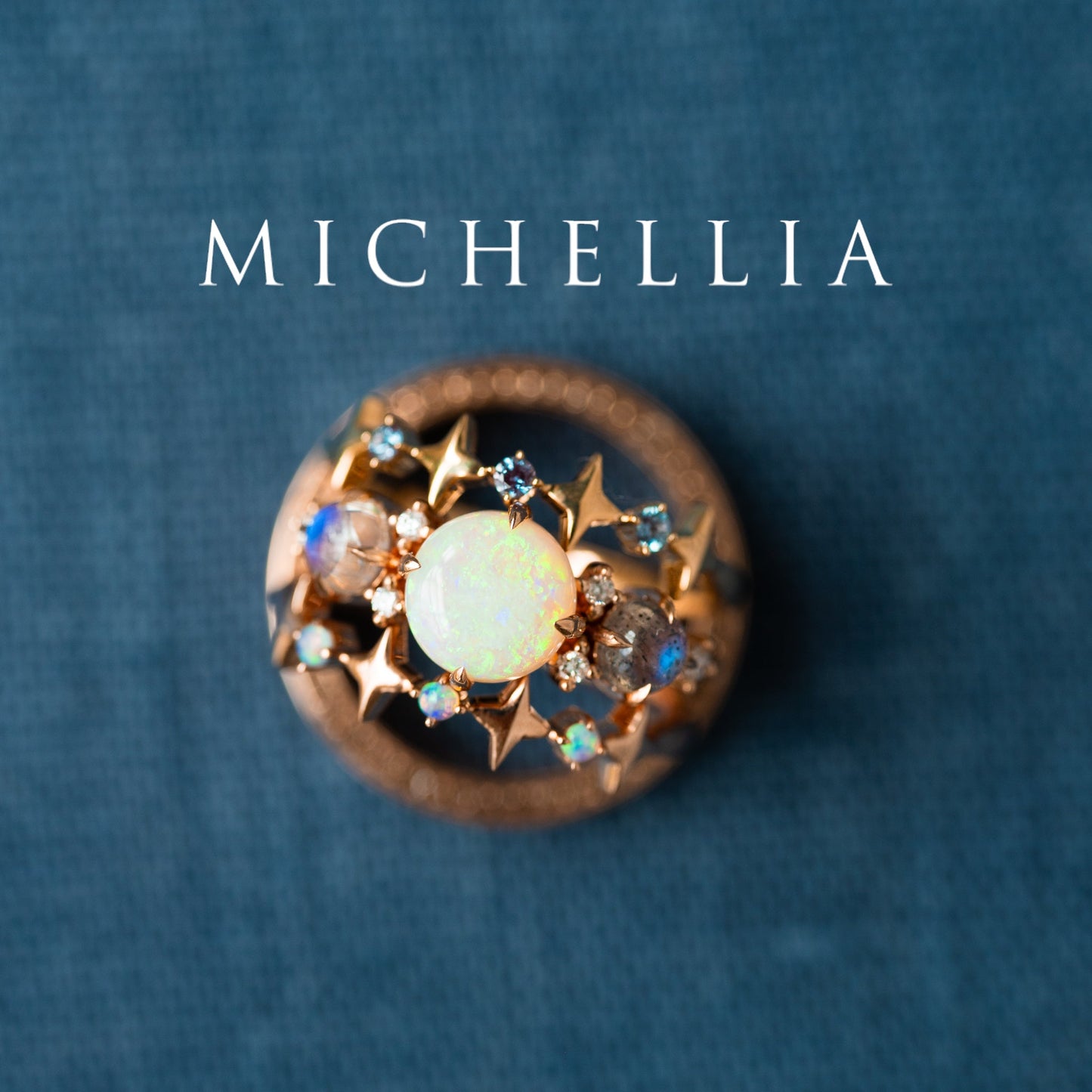 [Celestine] Interstellar Three Stone Ring in Australian Opal, Moonstone, and Labradorite