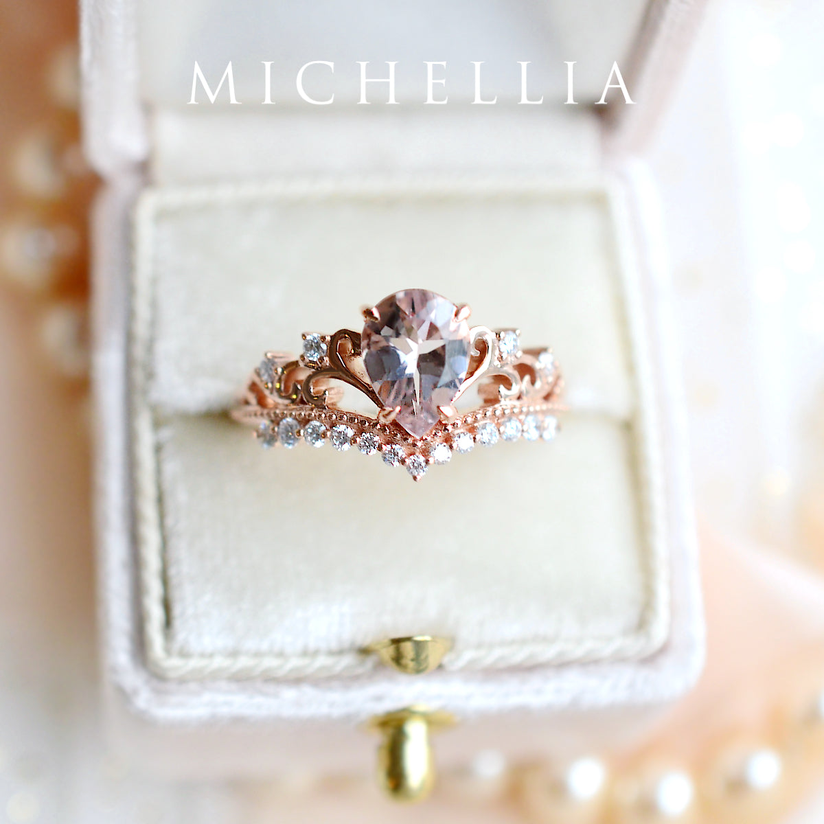 [Francesca] Heirloom Crown Pear Engagement Ring in Morganite