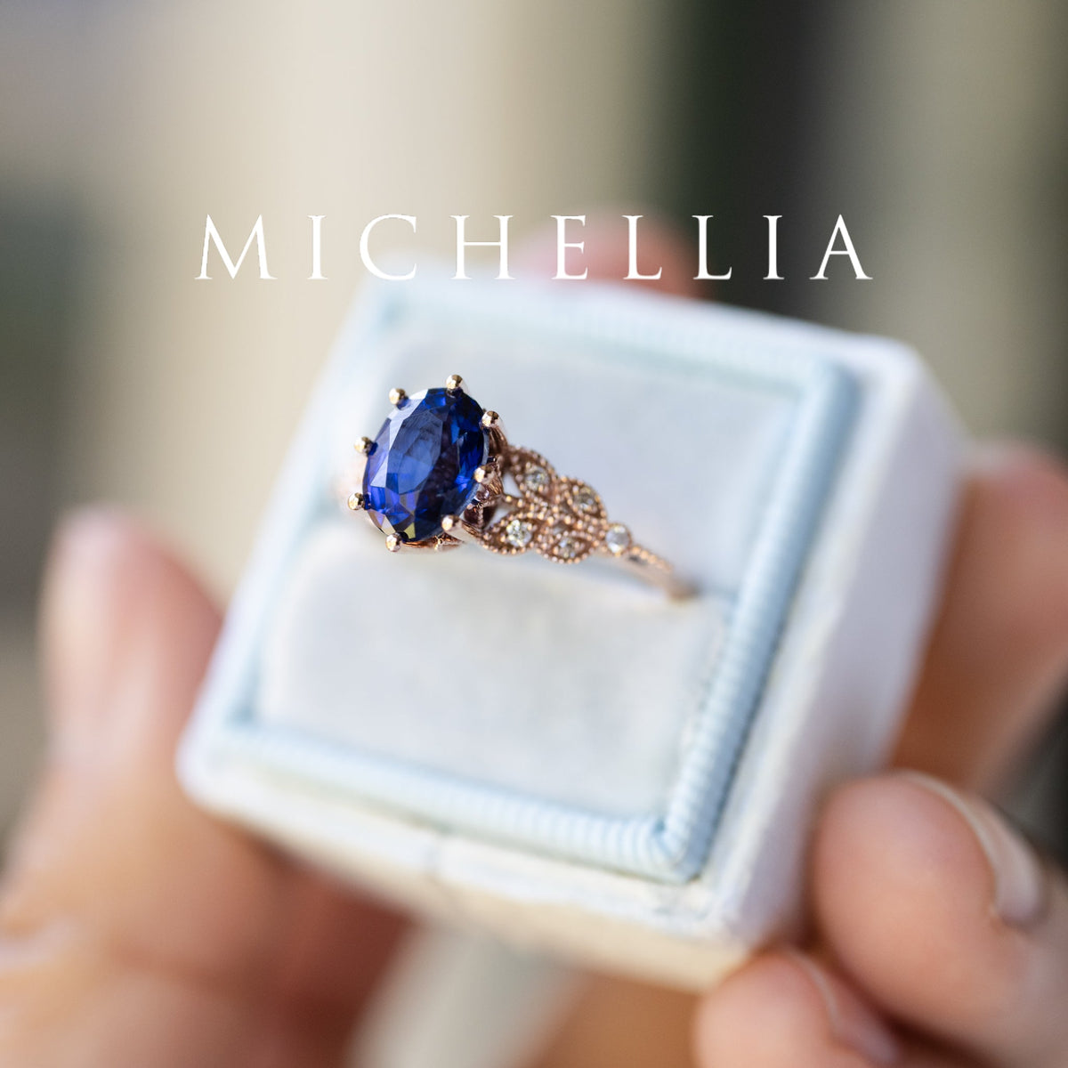 [Olivia] Classic Floral Oval Engagement Ring in Lab Blue Sapphire