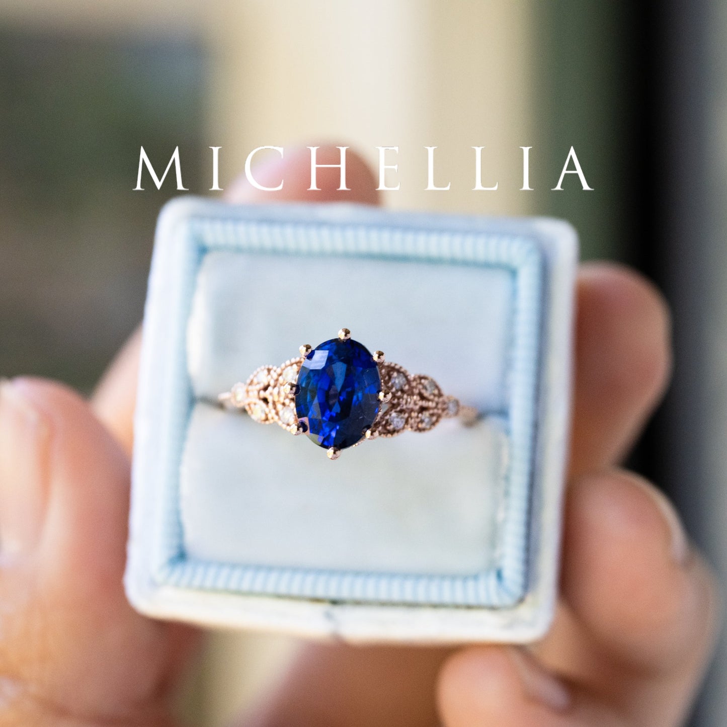 [Olivia] Classic Floral Oval Engagement Ring in Lab Blue Sapphire