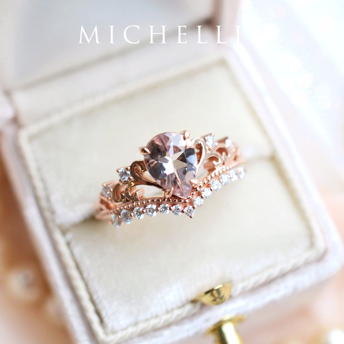 [Francesca] Heirloom Crown Pear Engagement Ring in Morganite