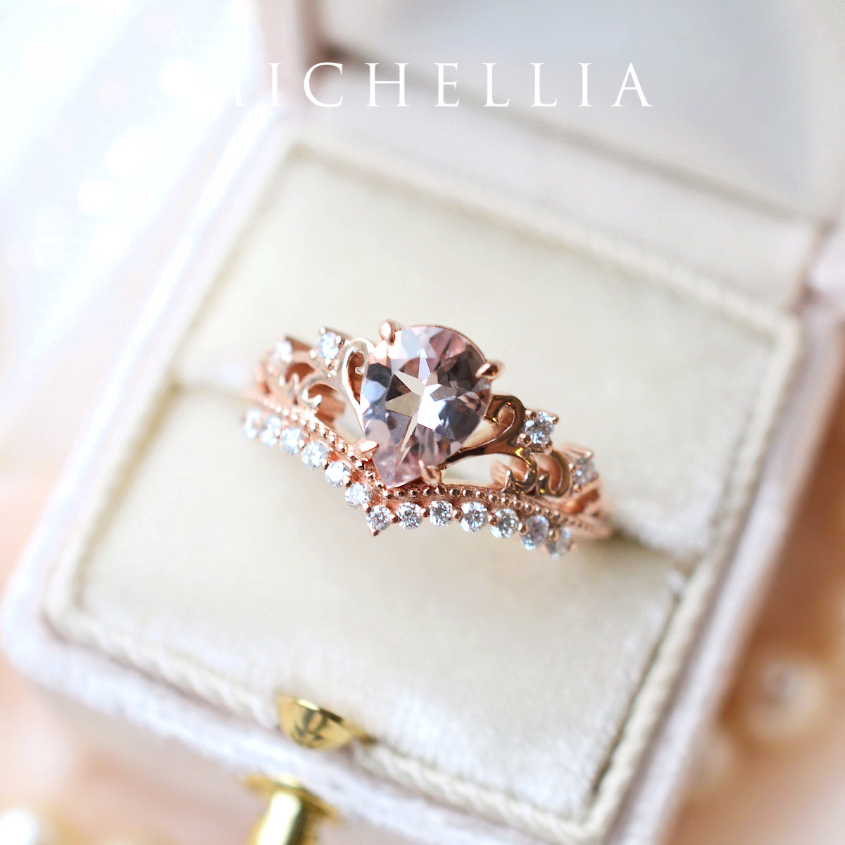 [Francesca] Heirloom Crown Pear Engagement Ring in Morganite