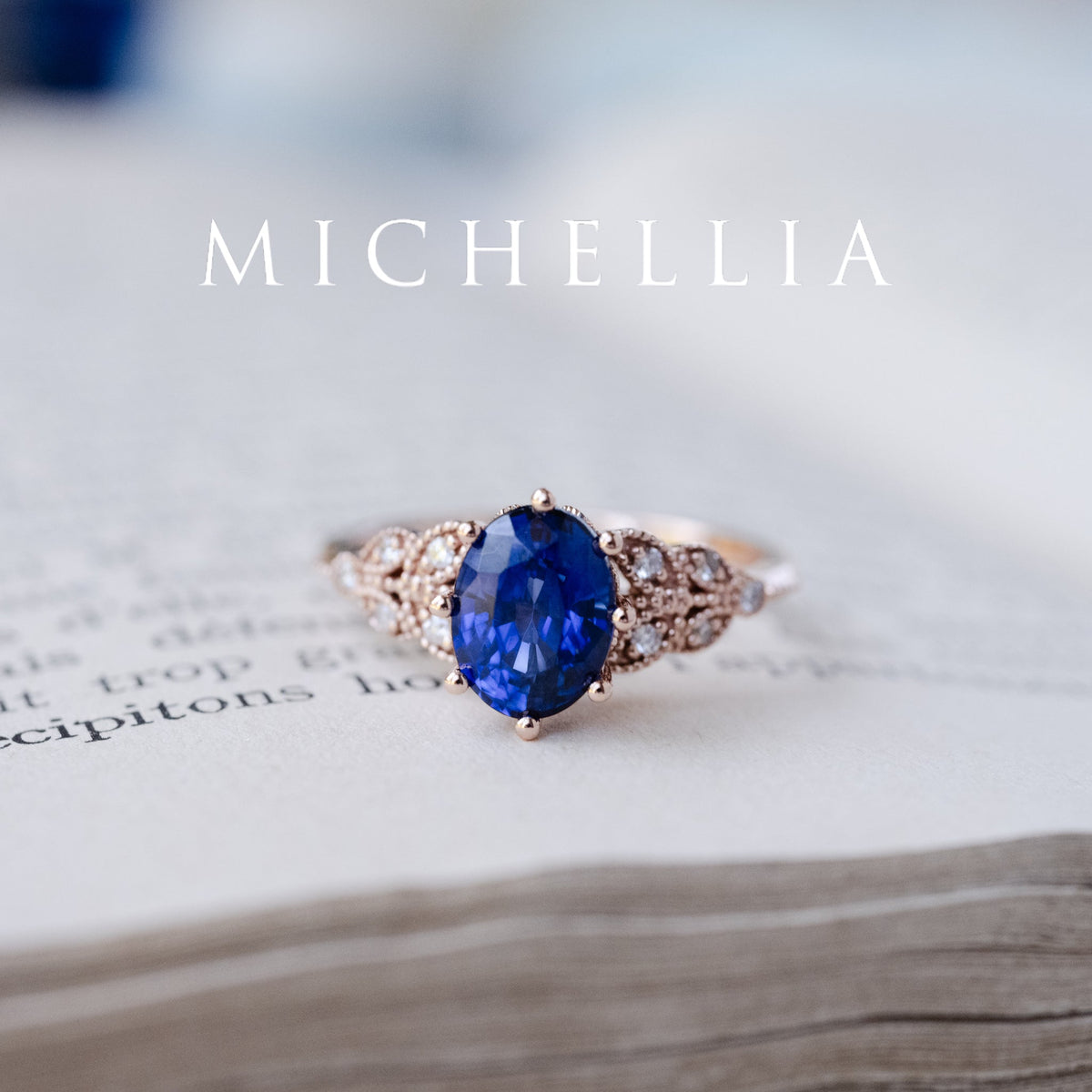 [Olivia] Classic Floral Oval Engagement Ring in Lab Blue Sapphire