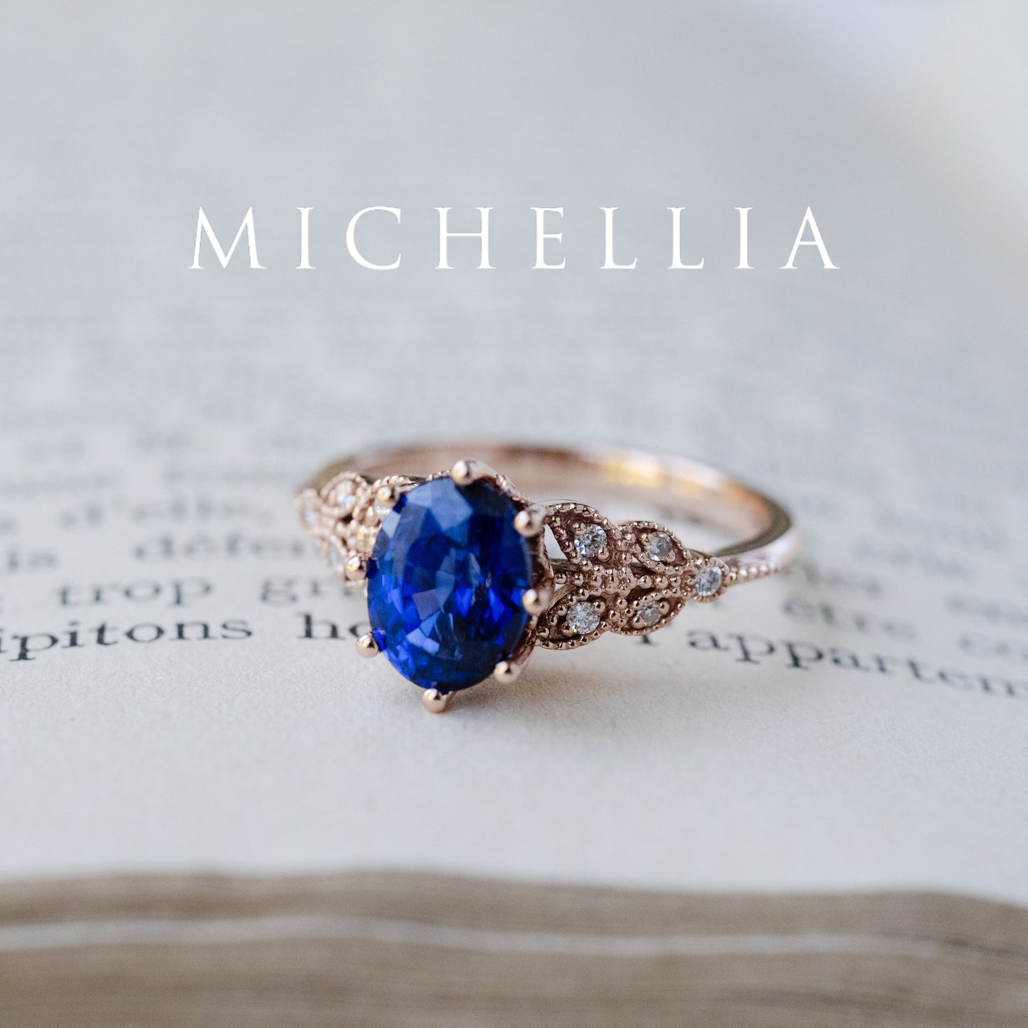 [Olivia] Classic Floral Oval Engagement Ring in Lab Blue Sapphire